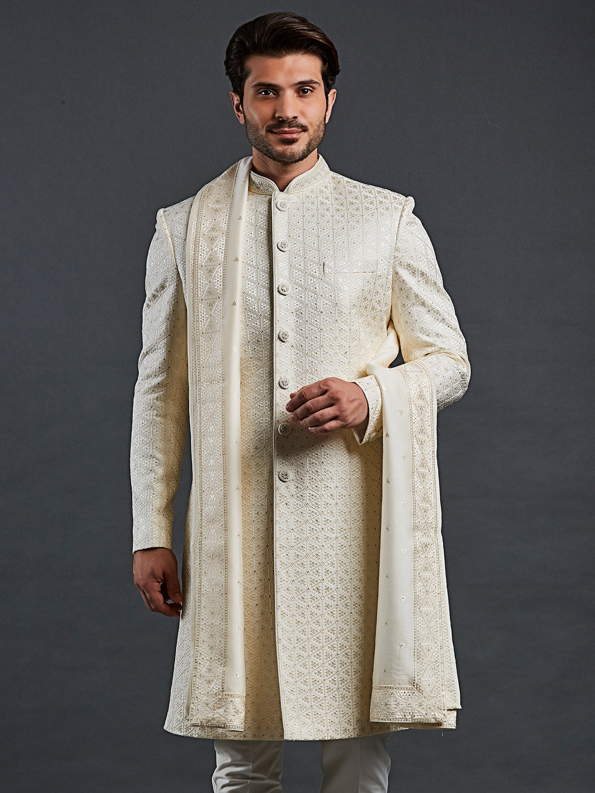 Wedding style cream raw silk sherwani for groom