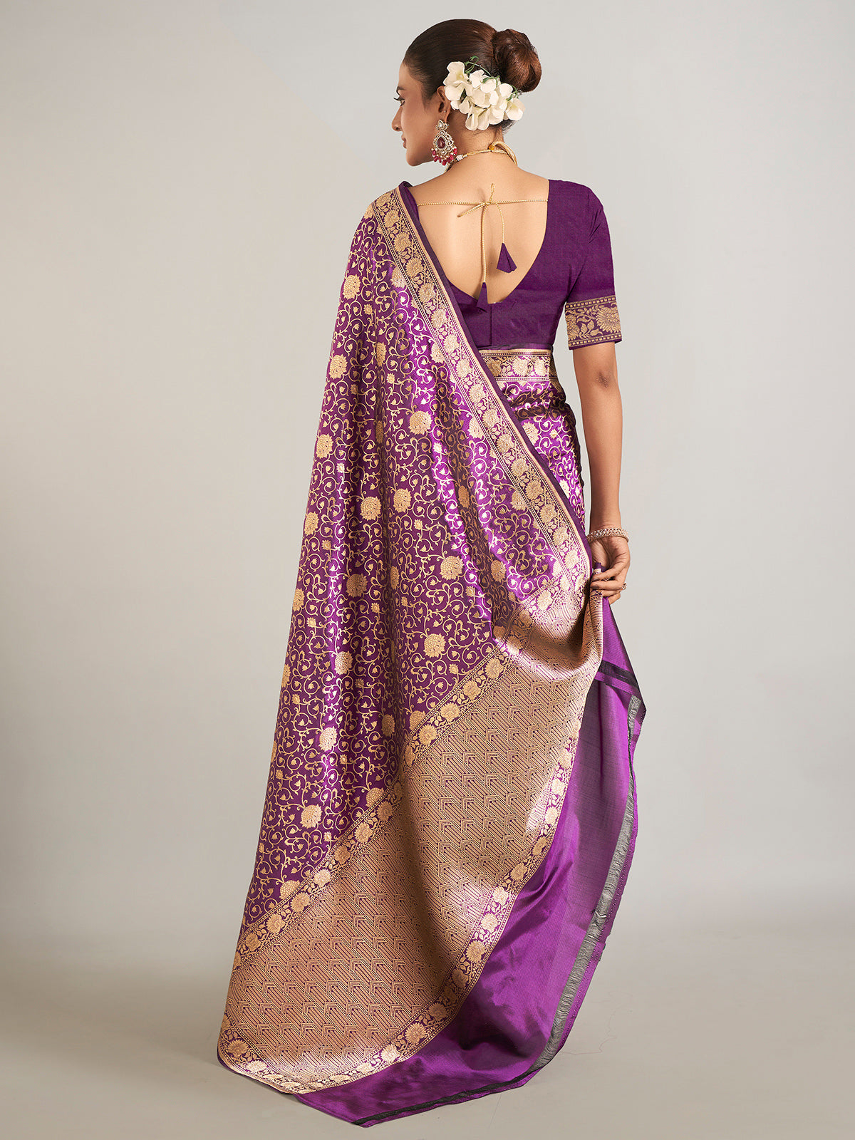 Wedding style purple banarasi silk saree