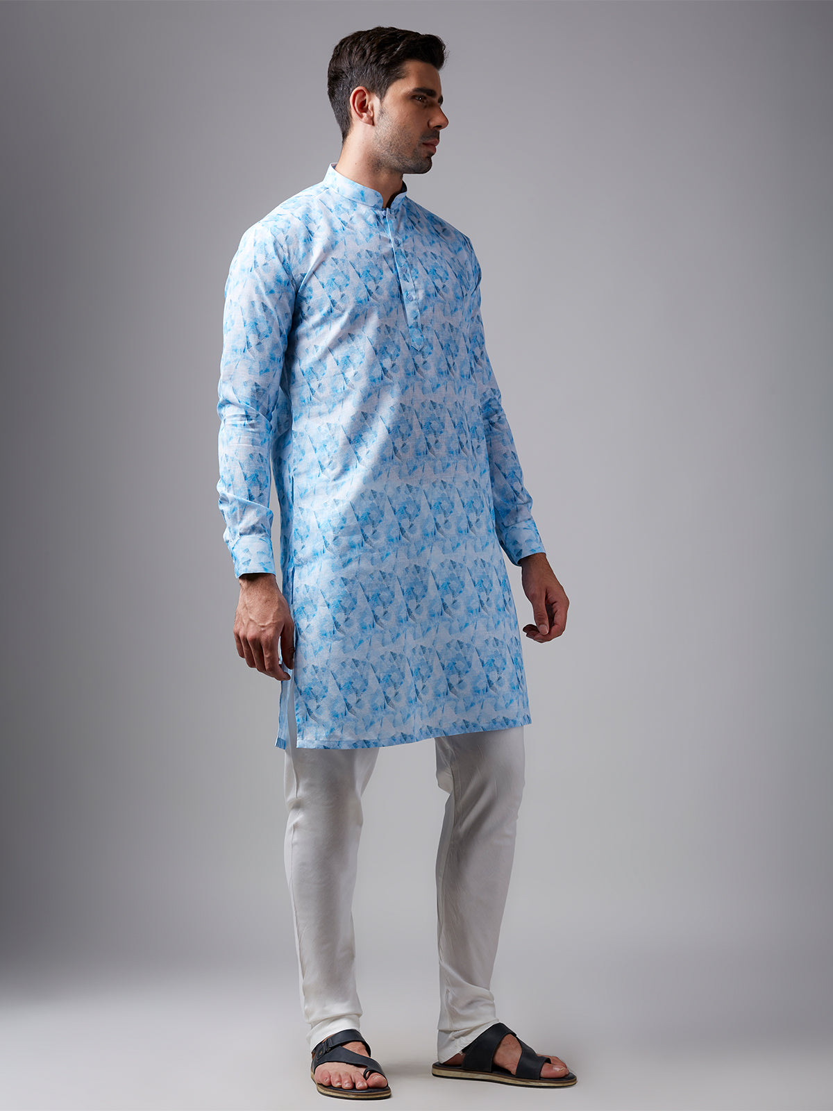 White and blue printed linen kurta suit