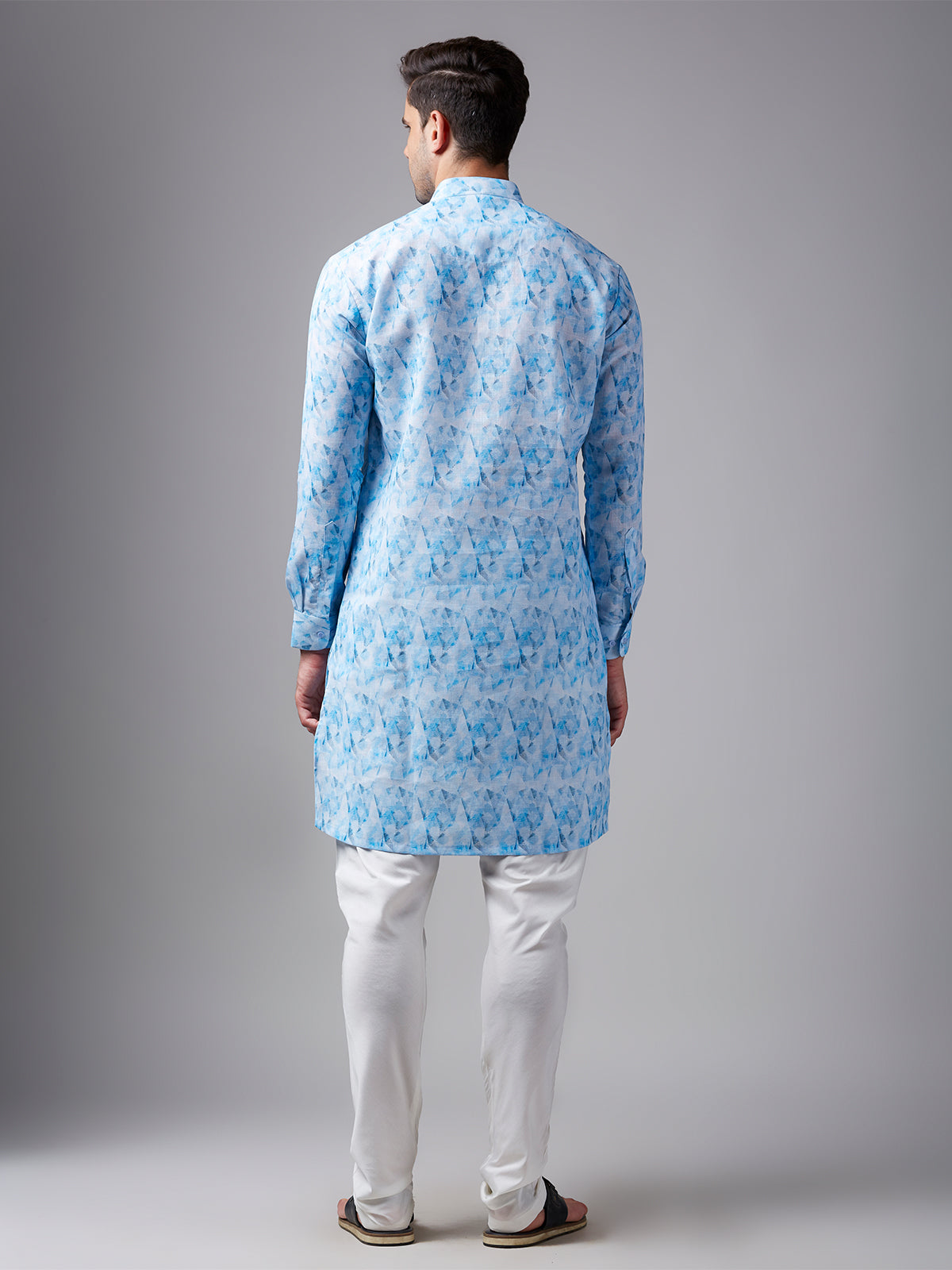 White and blue printed linen kurta suit