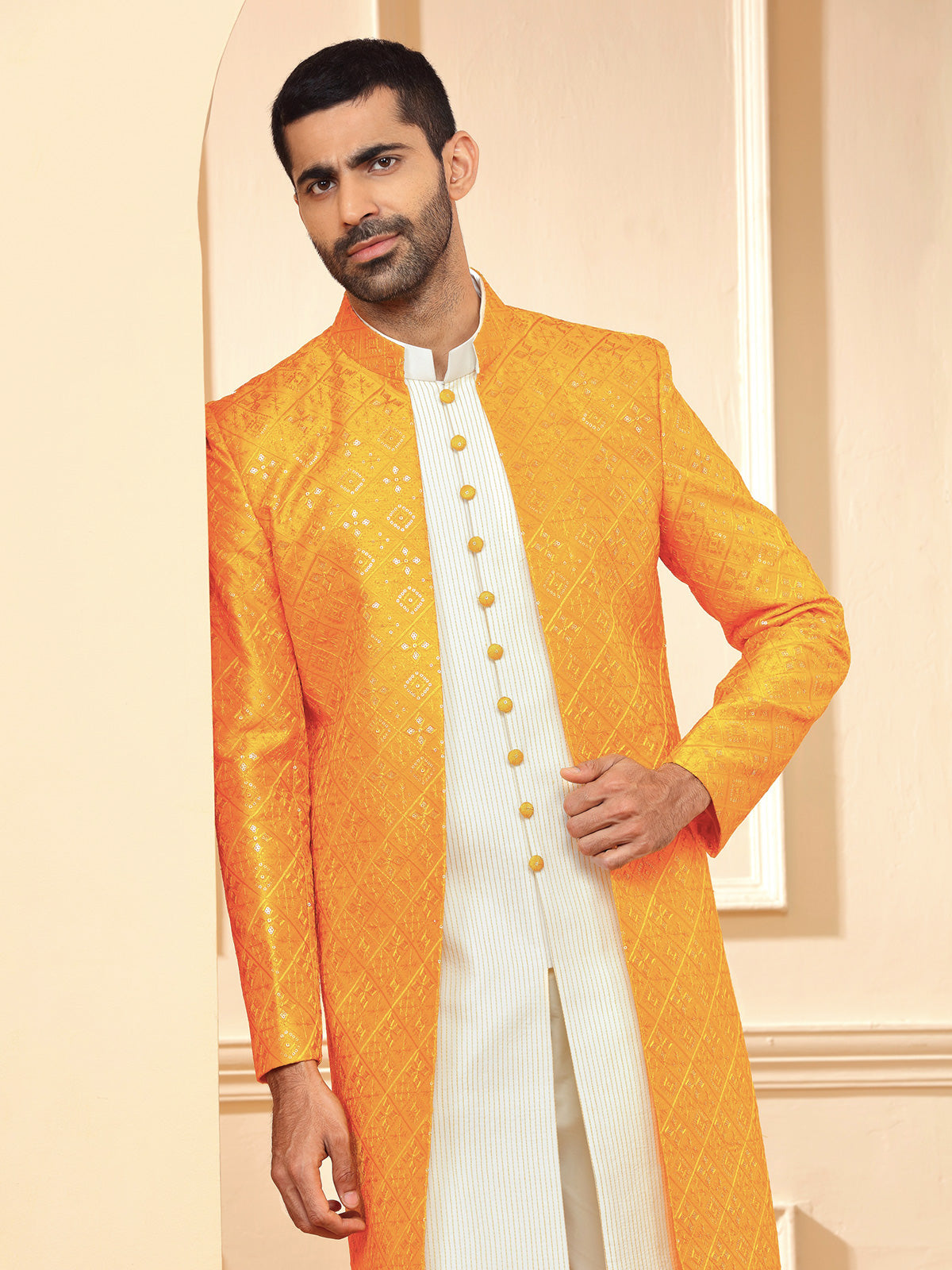 White and orange silk indowestern