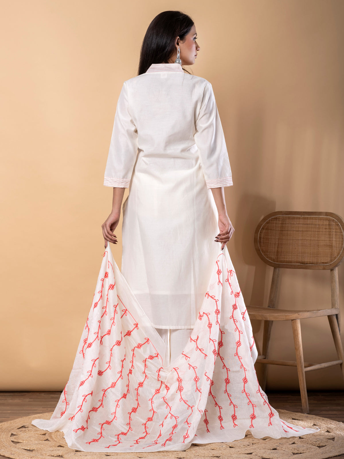 White and pink cotton kurti set with dupatta
