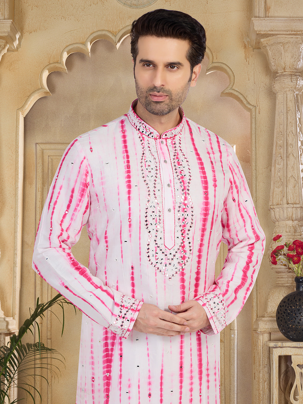 White and pink printed full sleeve kurta suit