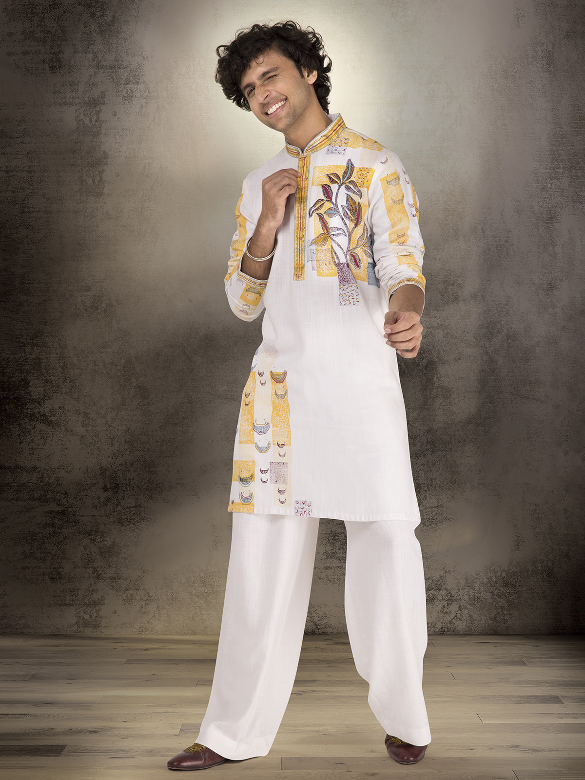 White and yellow linen cotton printed kurta suit