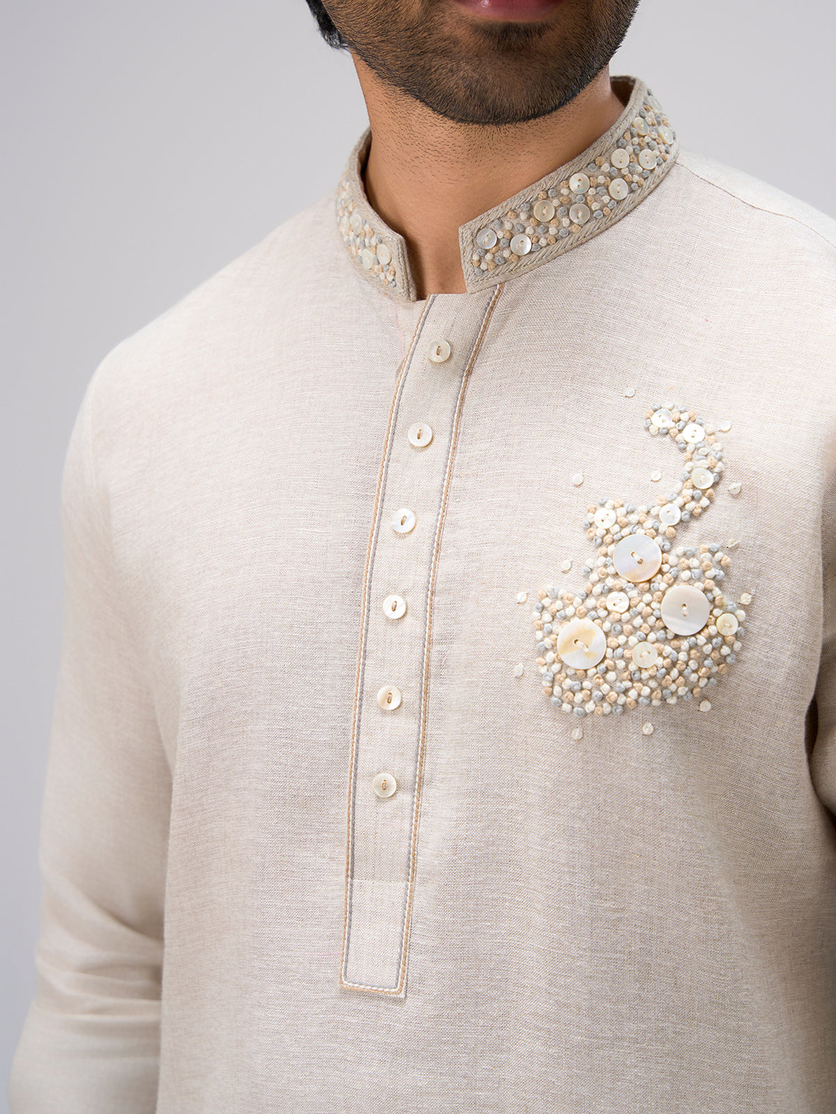 White beaded detail kurta suit men