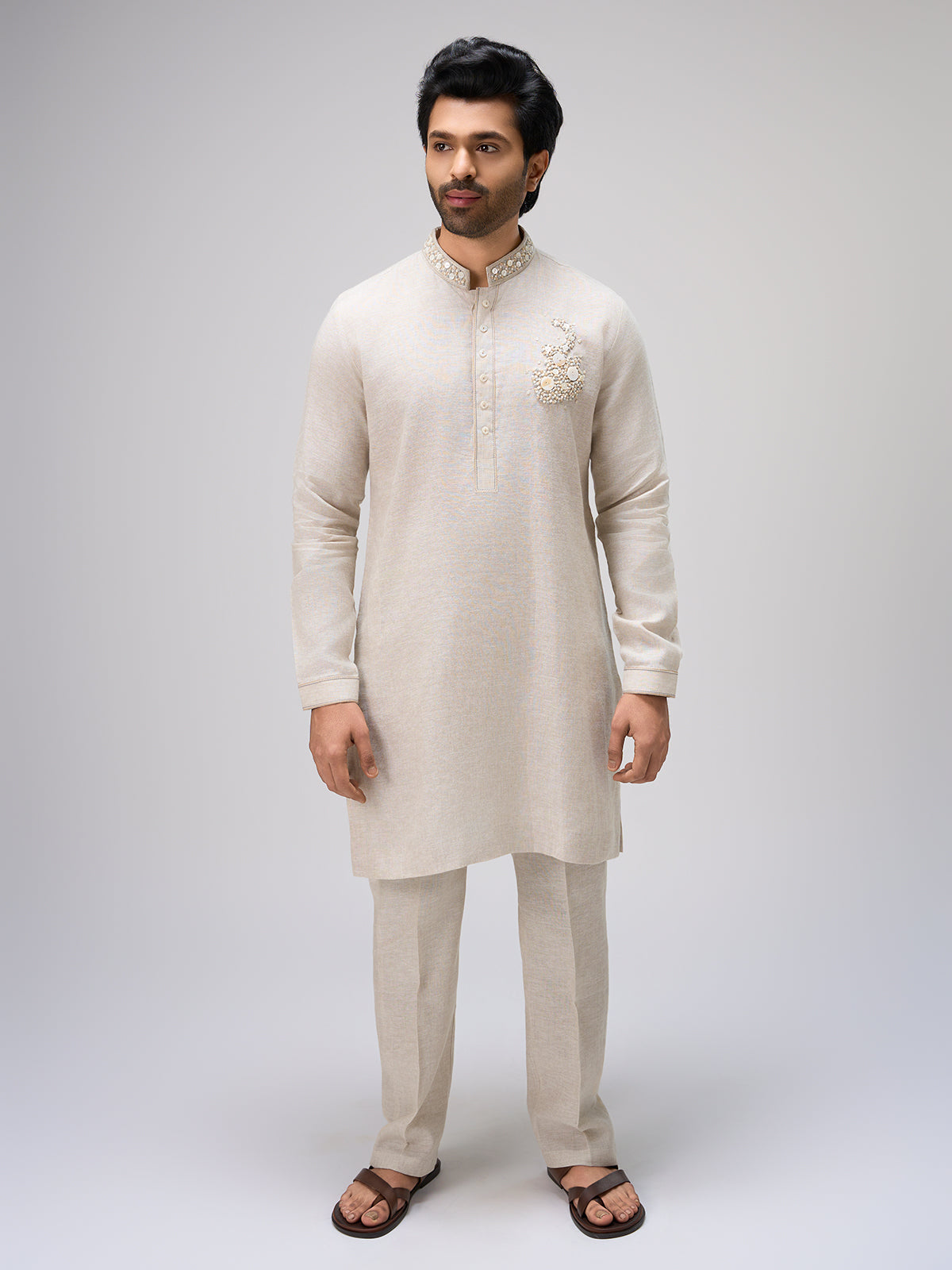 White beaded detail kurta suit men