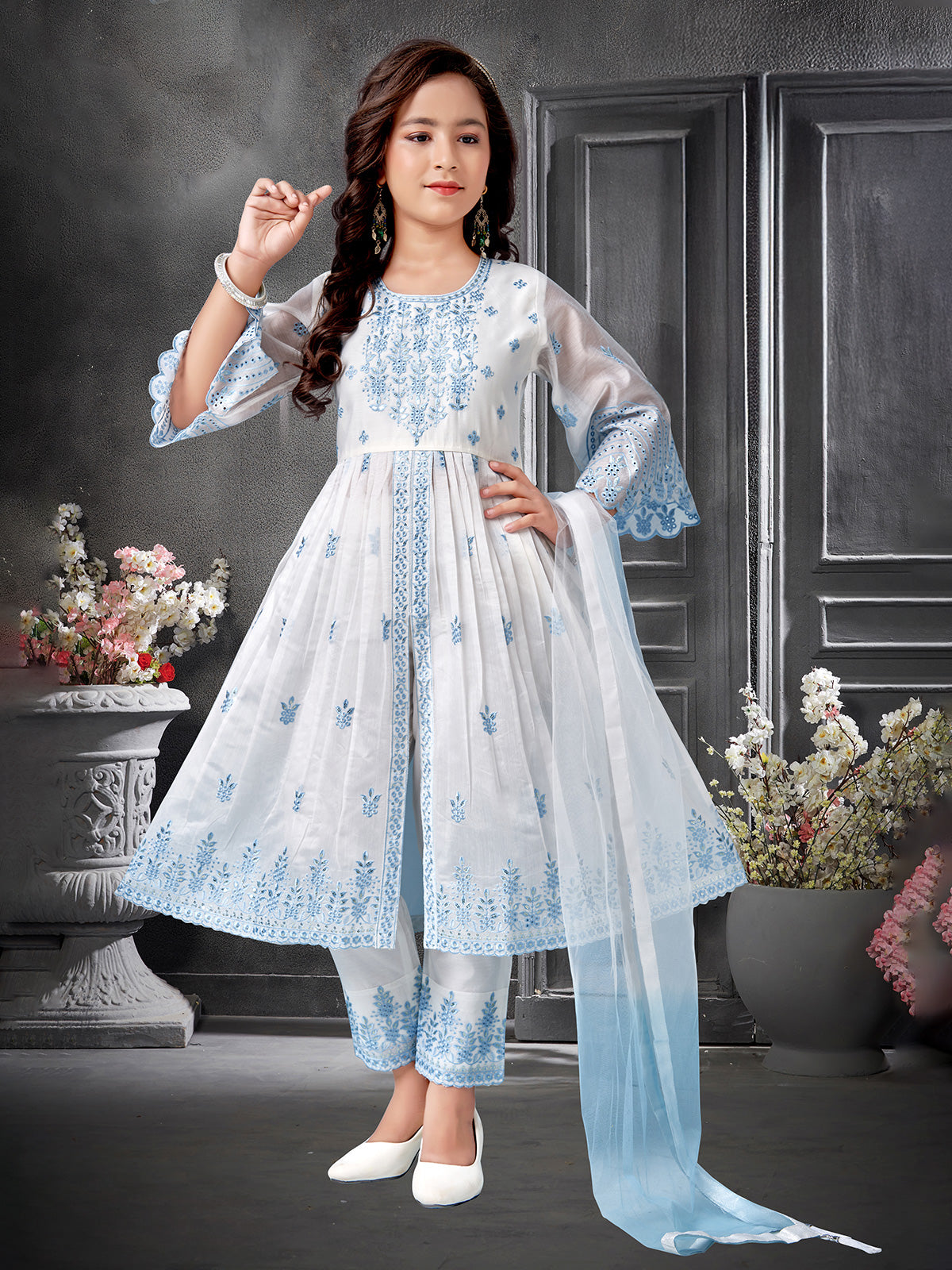 White cotton silk pant salwar suit with dupatta set