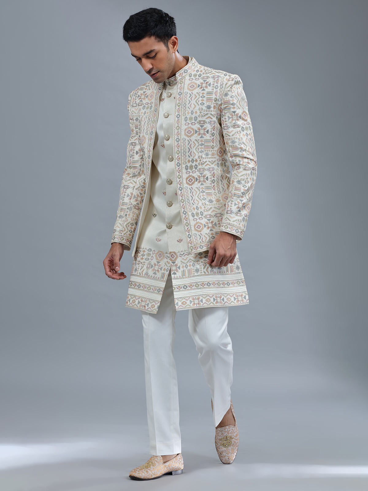 White embroidery terry rayon indowestern