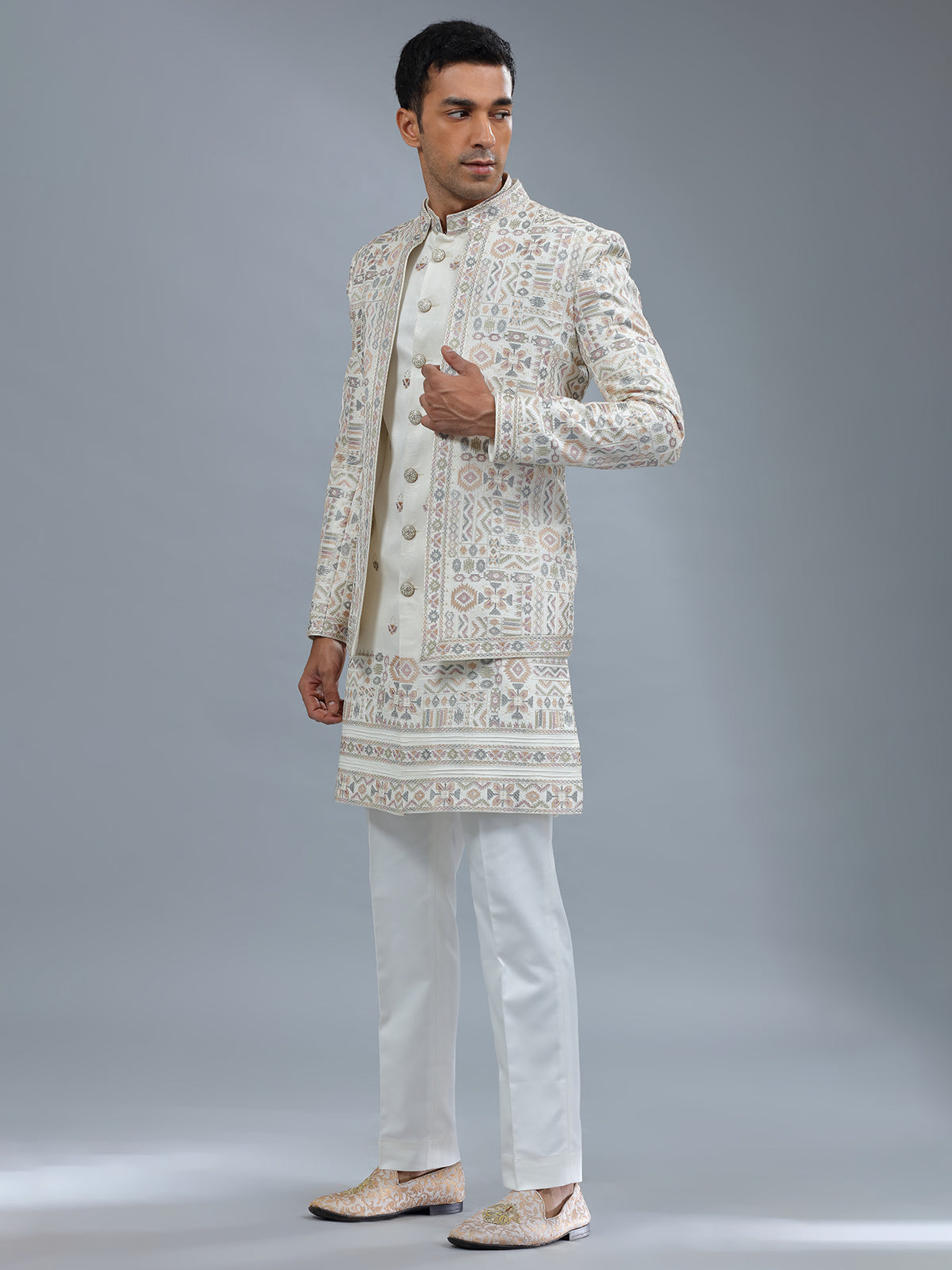 White embroidery terry rayon indowestern