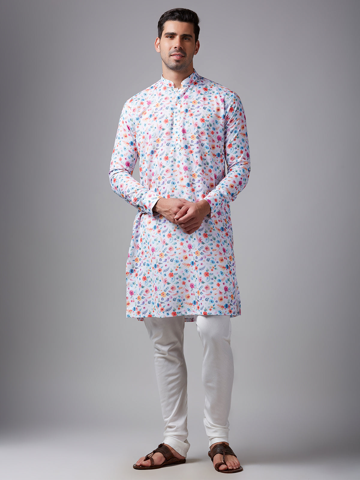 White floral printed linen kurta suit