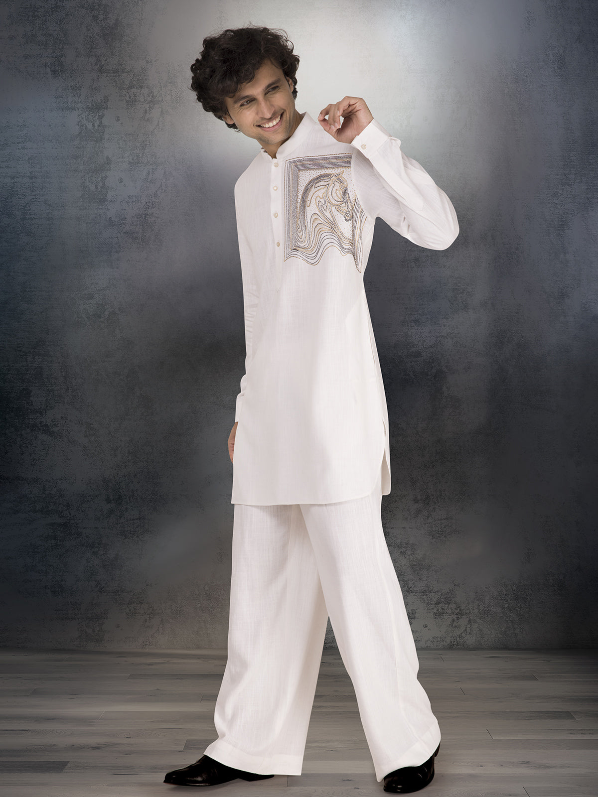 White linen cotton kurta suit with stone embellishments