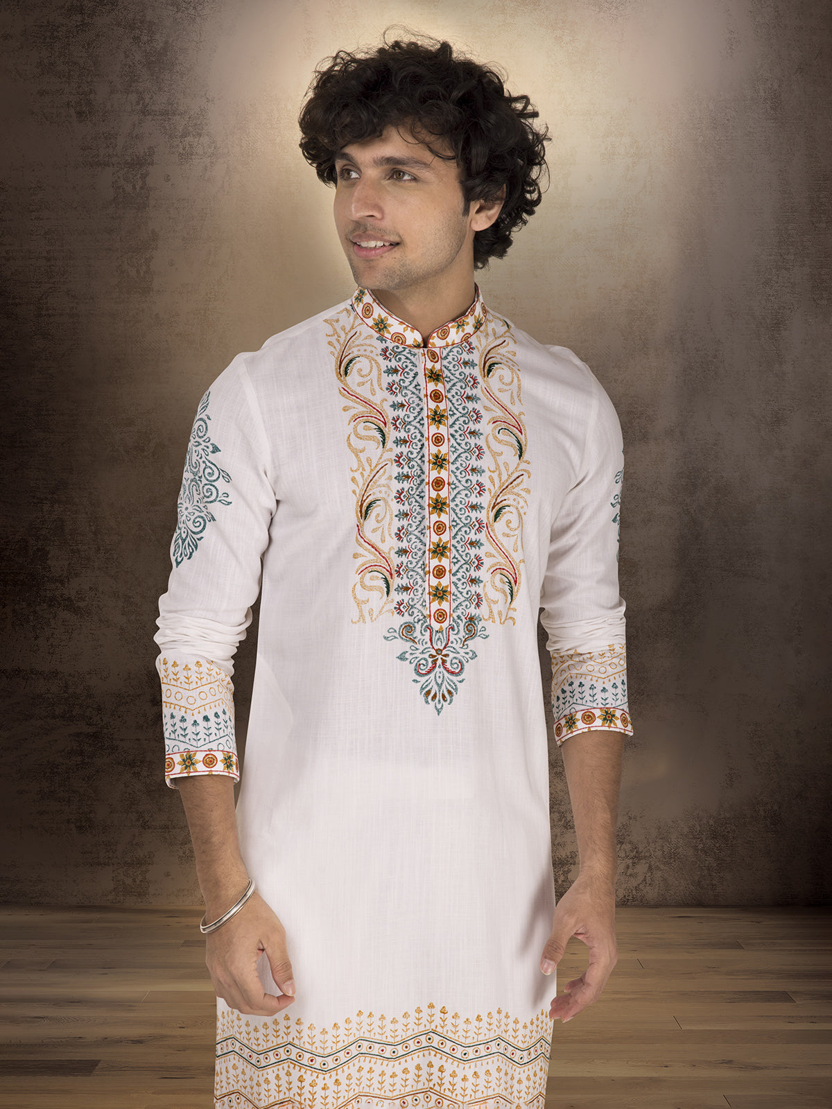 White linen cotton printed wedding festive kurta suit