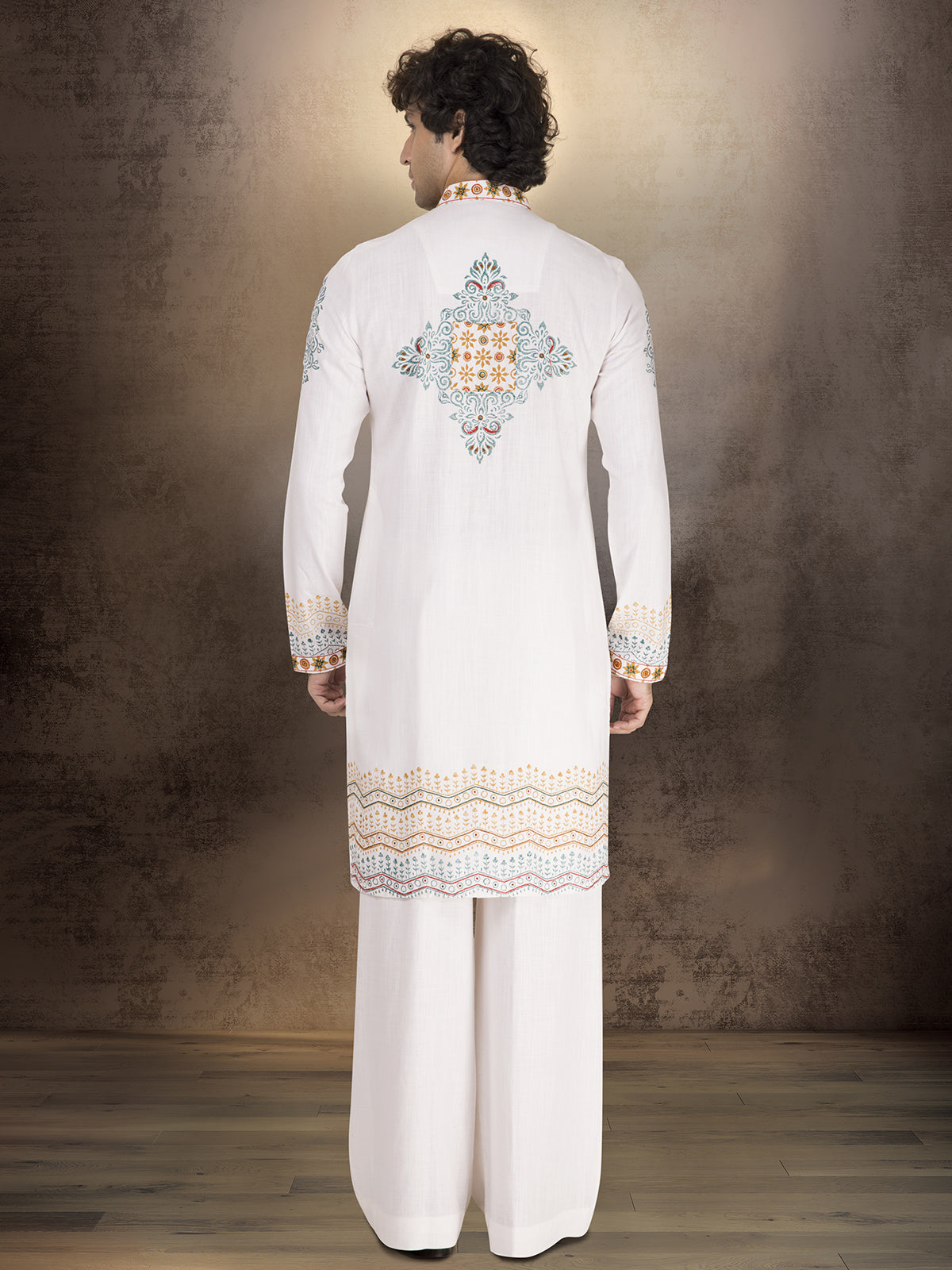 White linen cotton printed wedding festive kurta suit