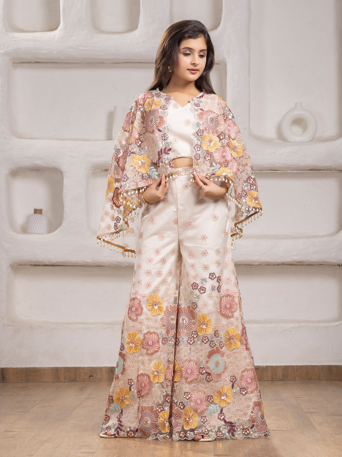 White net palazzo salwar suit with elegant jacket