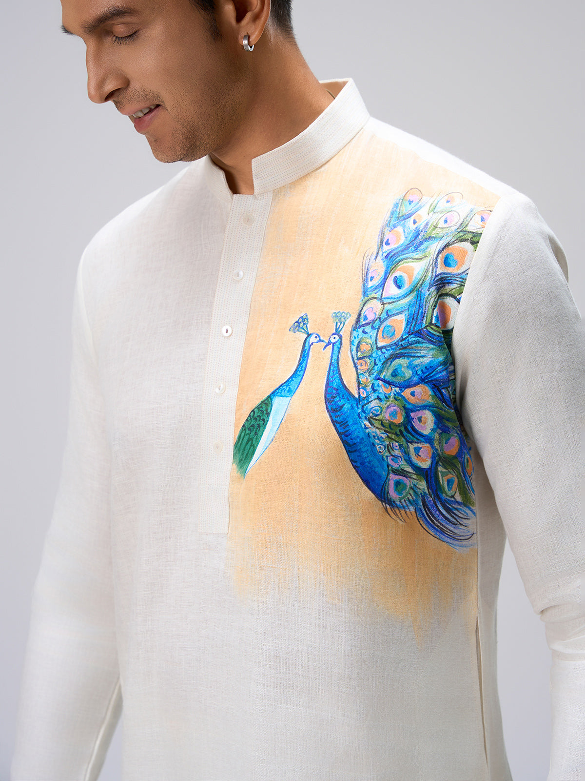 White peacock artwork kurta pajama men