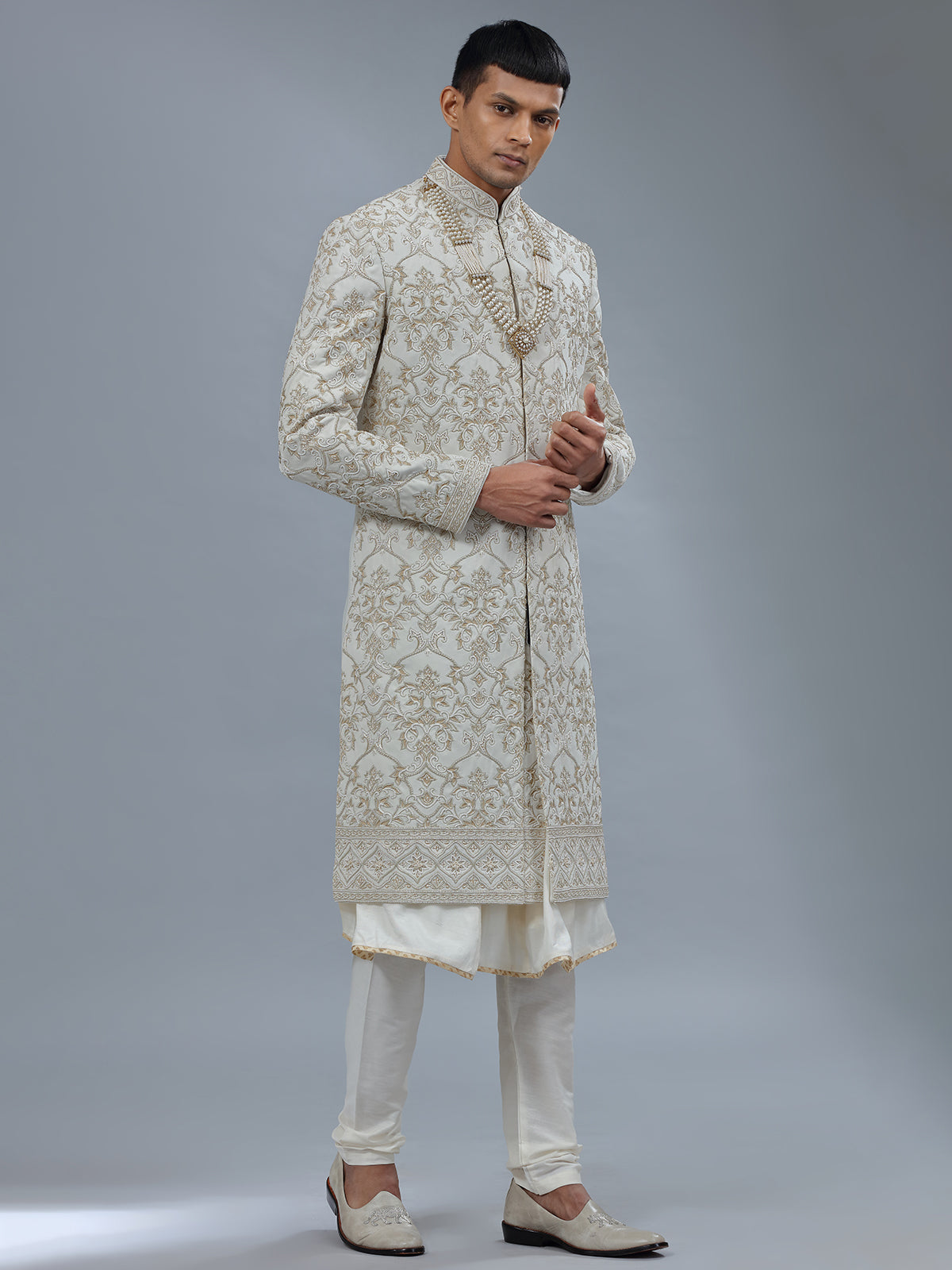 White peshwai silk shewani for groomsman