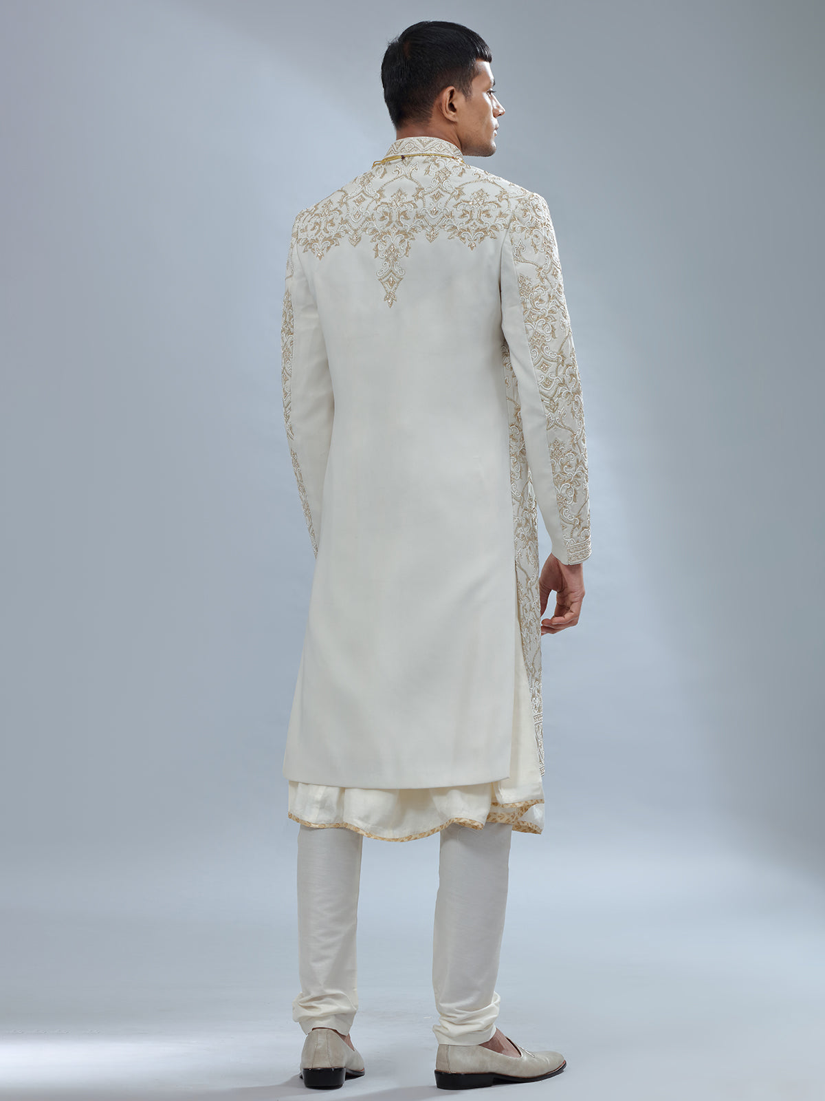 White peshwai silk shewani for groomsman
