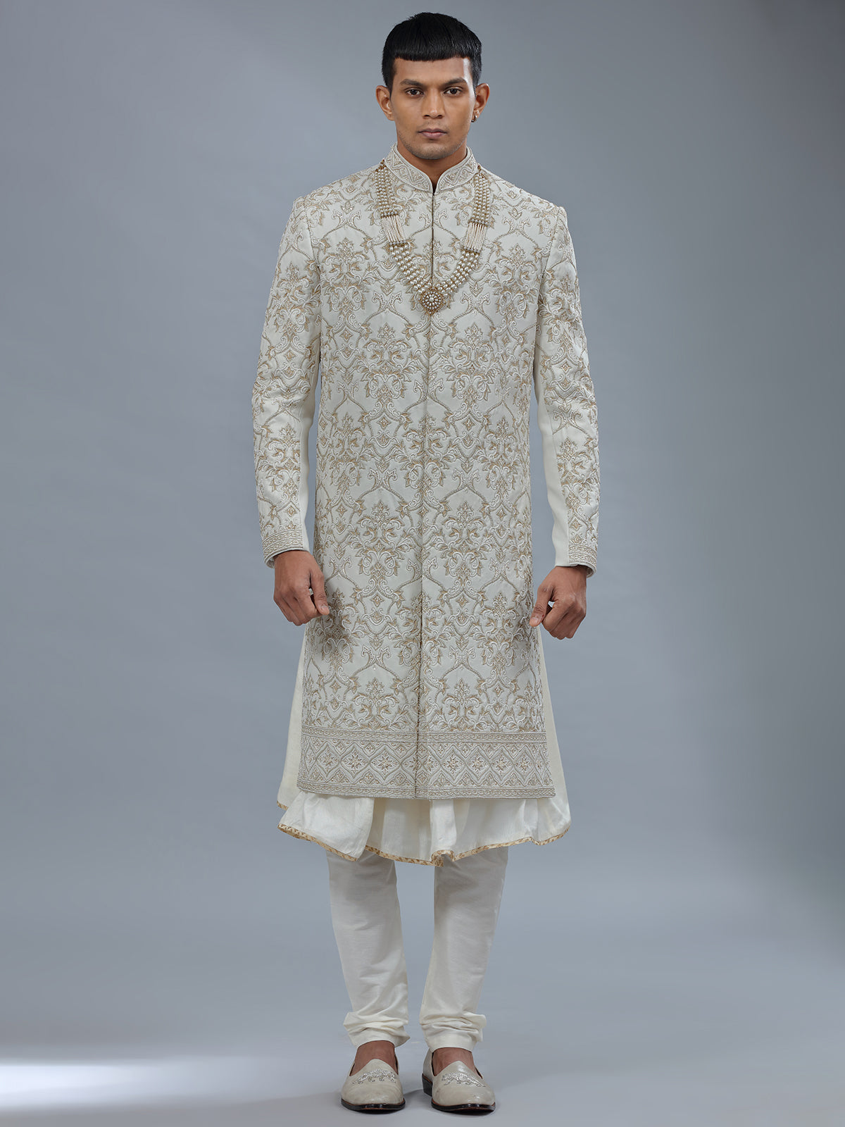 White peshwai silk shewani for groomsman