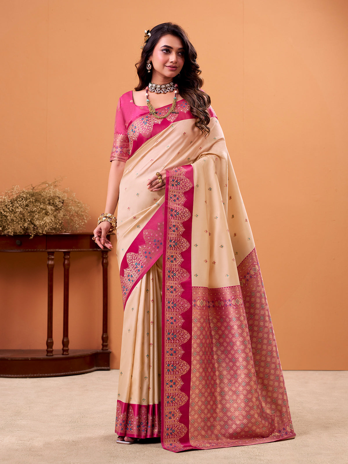 White pink satin saree with zari motifs