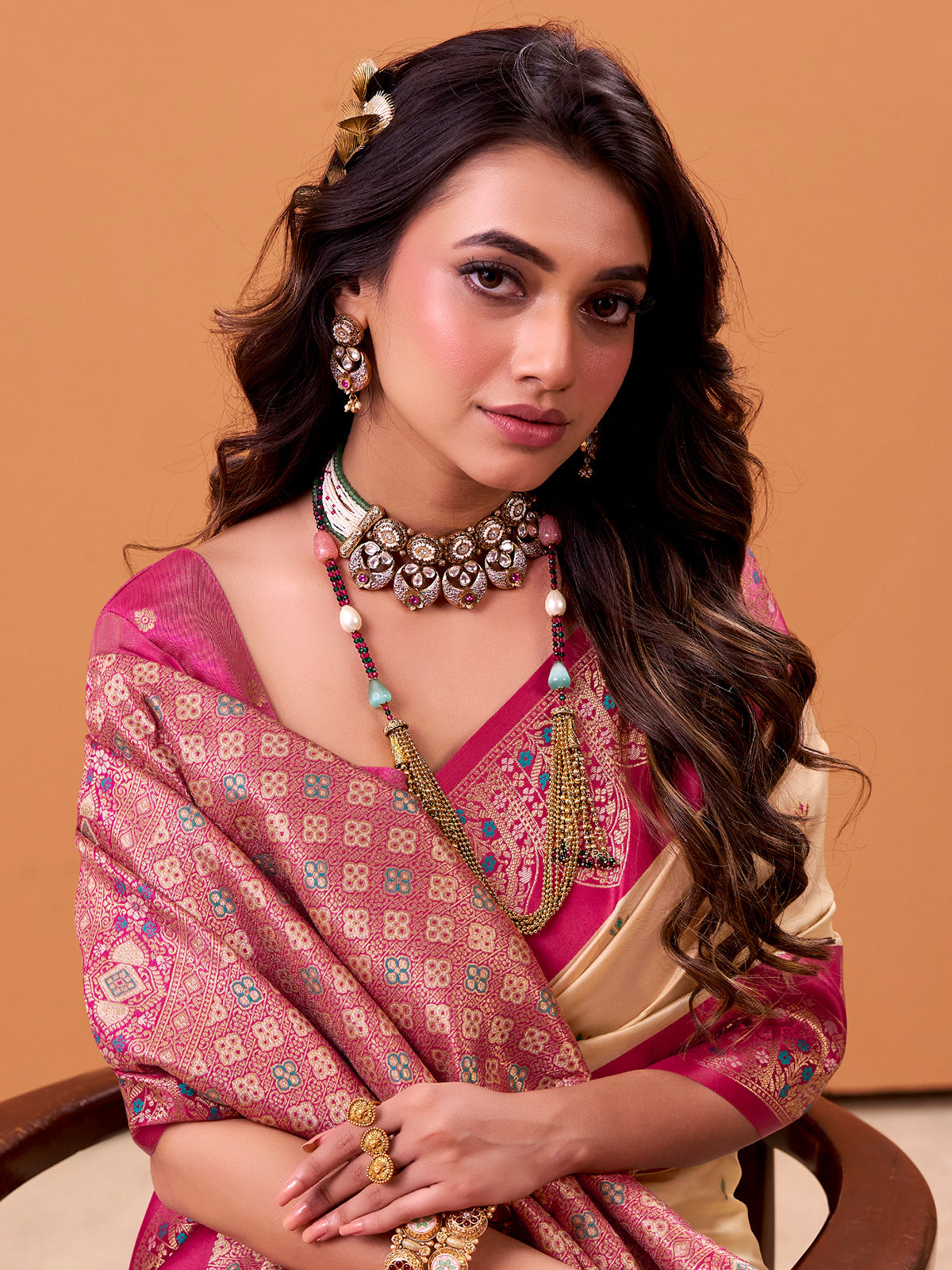 White pink satin saree with zari motifs