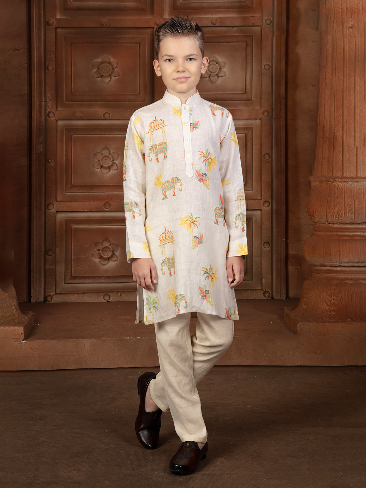 White printed cotton silk kurta set with elephant motifs