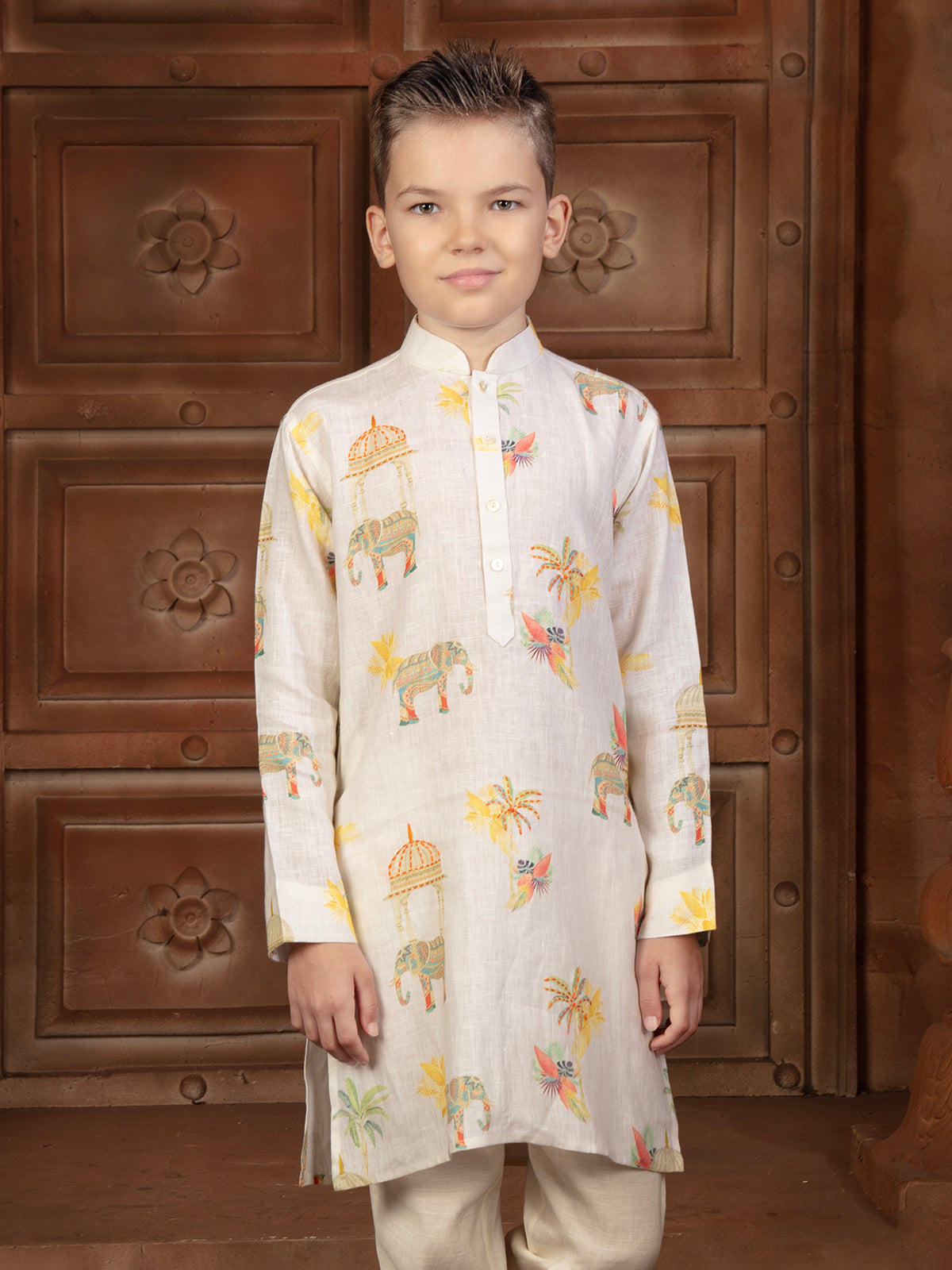 White printed cotton silk kurta set with elephant motifs