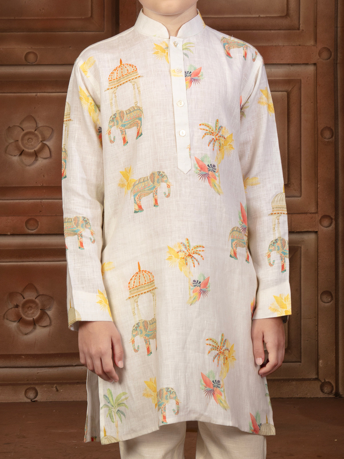 White printed cotton silk kurta set with elephant motifs
