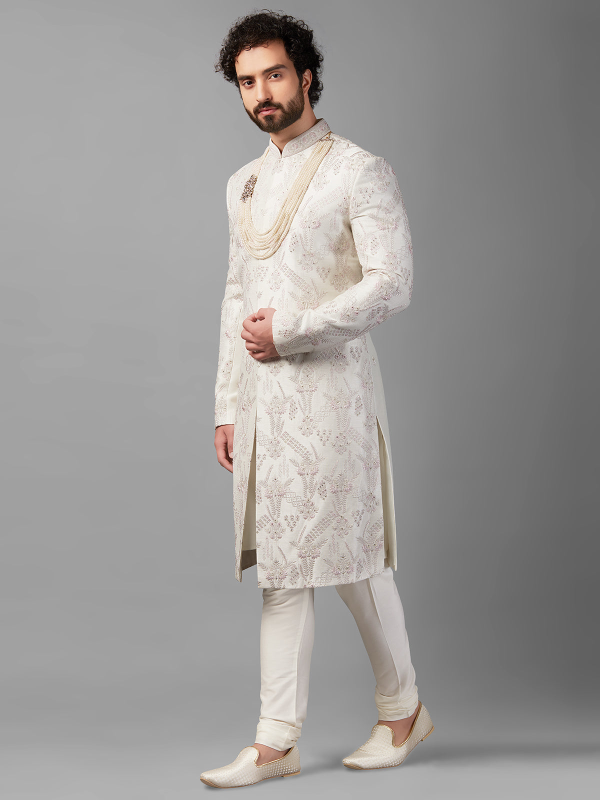 White raw silk embellished sherwani