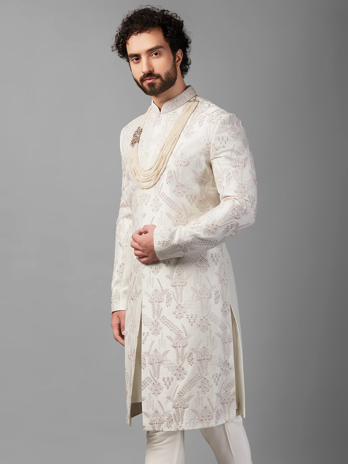 White raw silk embellished sherwani
