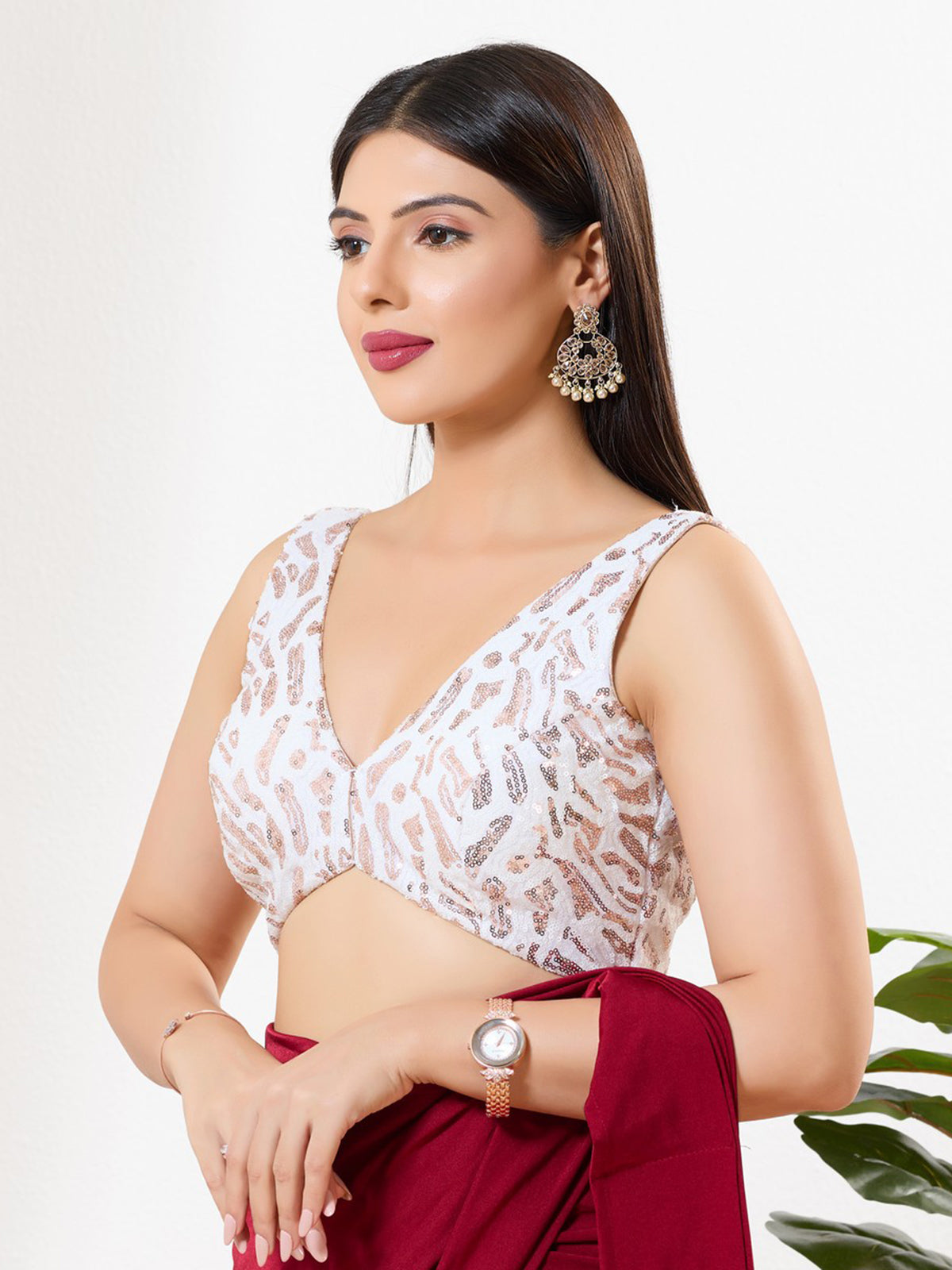 White sequins sleeveless V neck party wear blouse