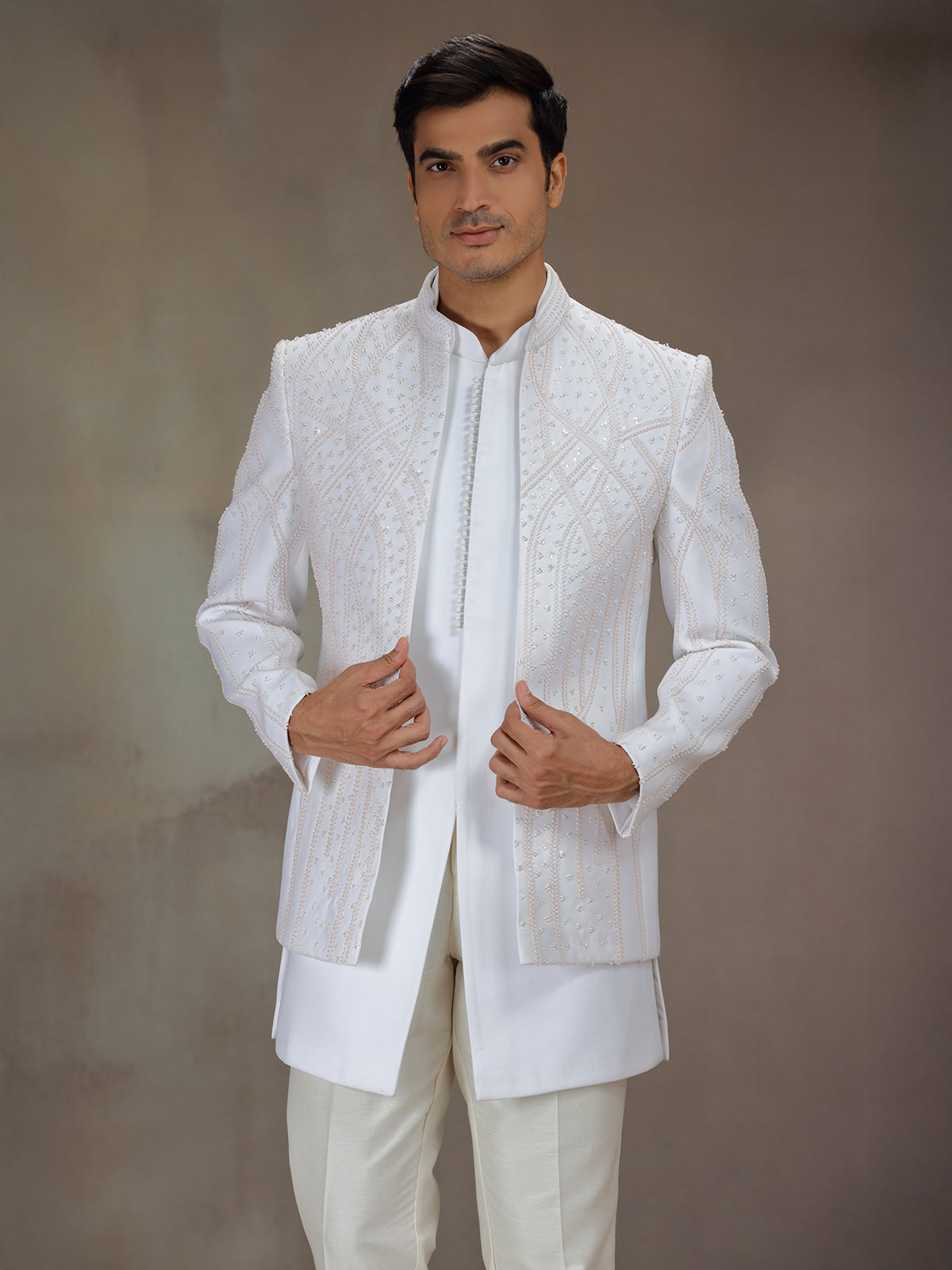 White silk bandhgala indo western
