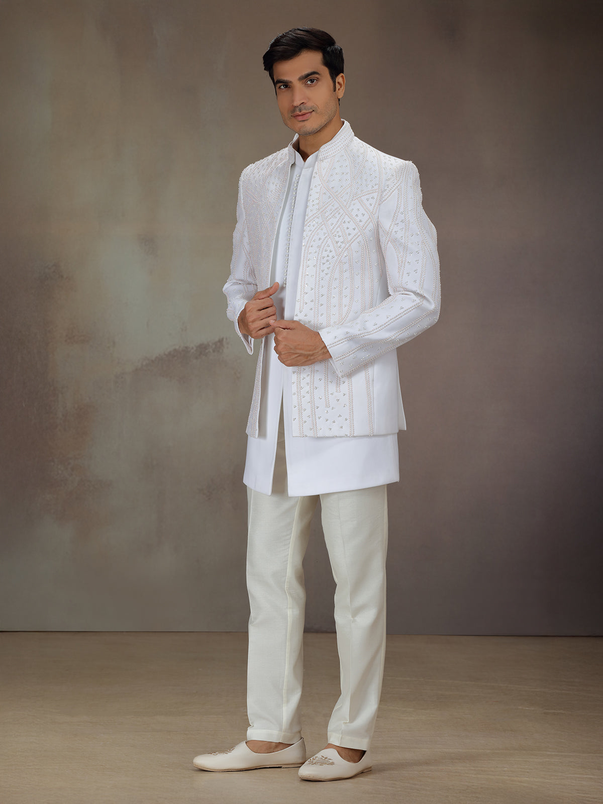 White silk bandhgala indo western