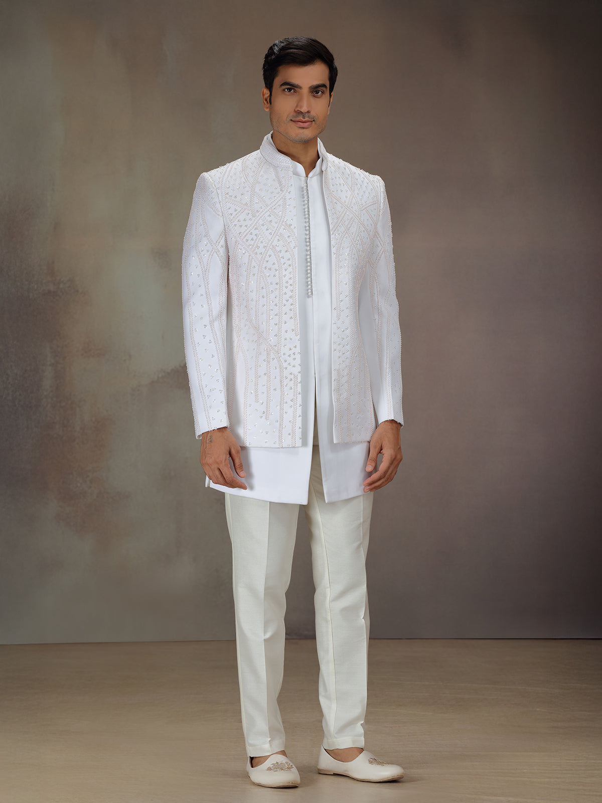 White silk bandhgala indo western