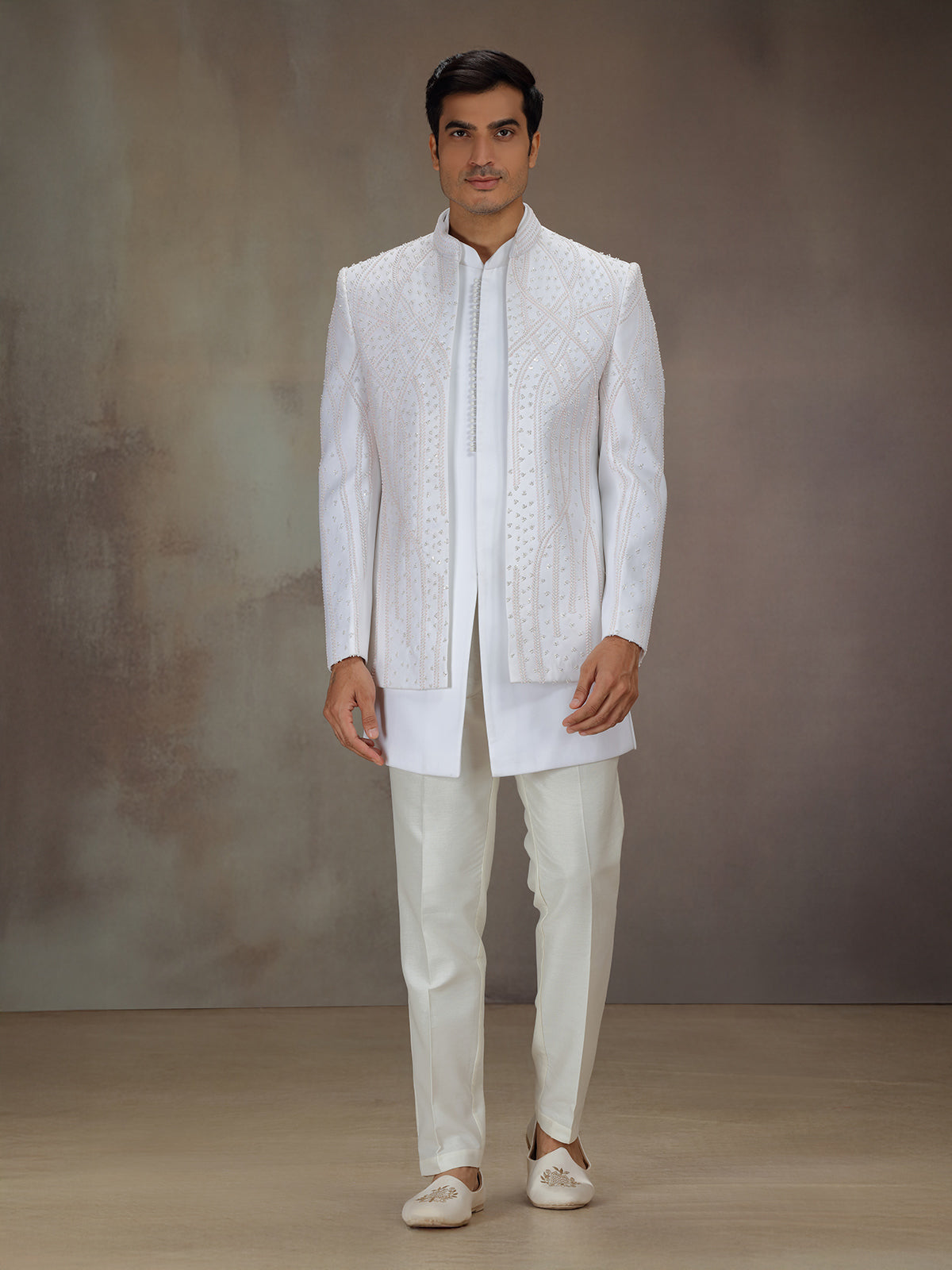 White silk bandhgala indo western