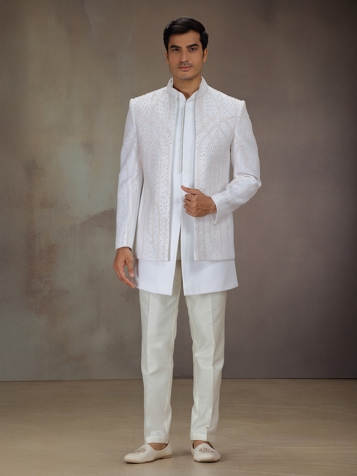 White silk bandhgala indo western