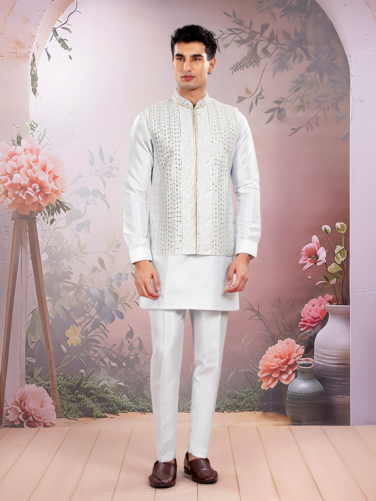 White silk waistcoat set with mirror work