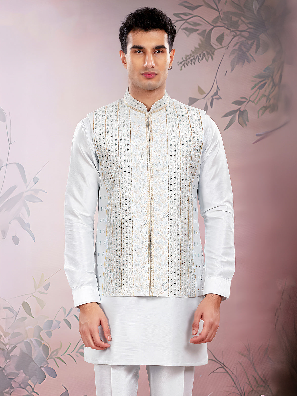 White silk waistcoat set with mirror work