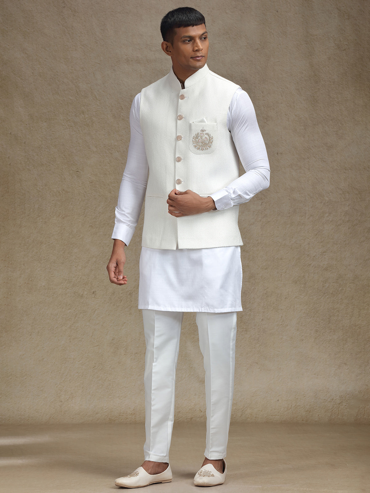 White waistcoat set with intricate work for mens wear
