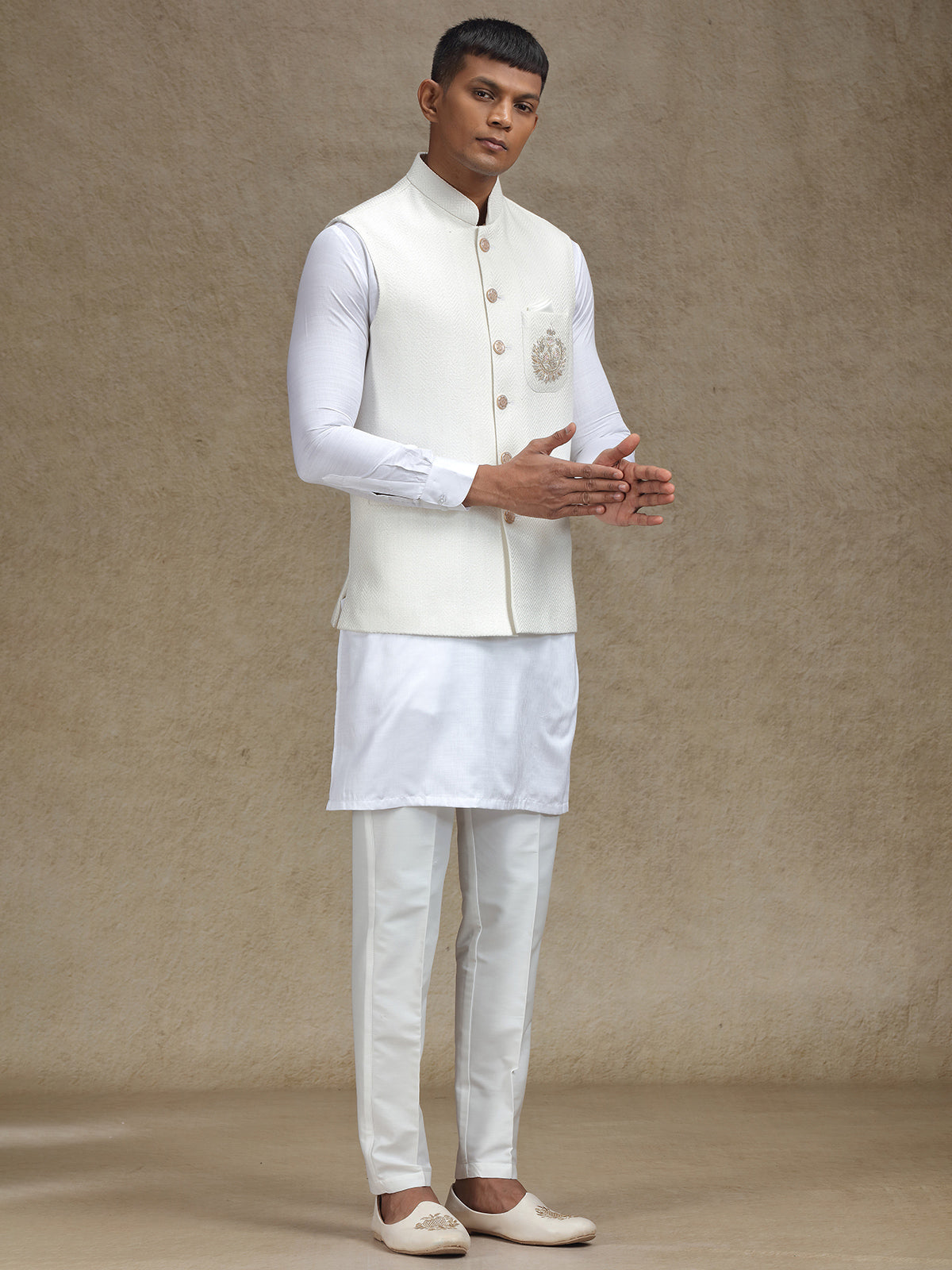 White waistcoat set with intricate work for mens wear