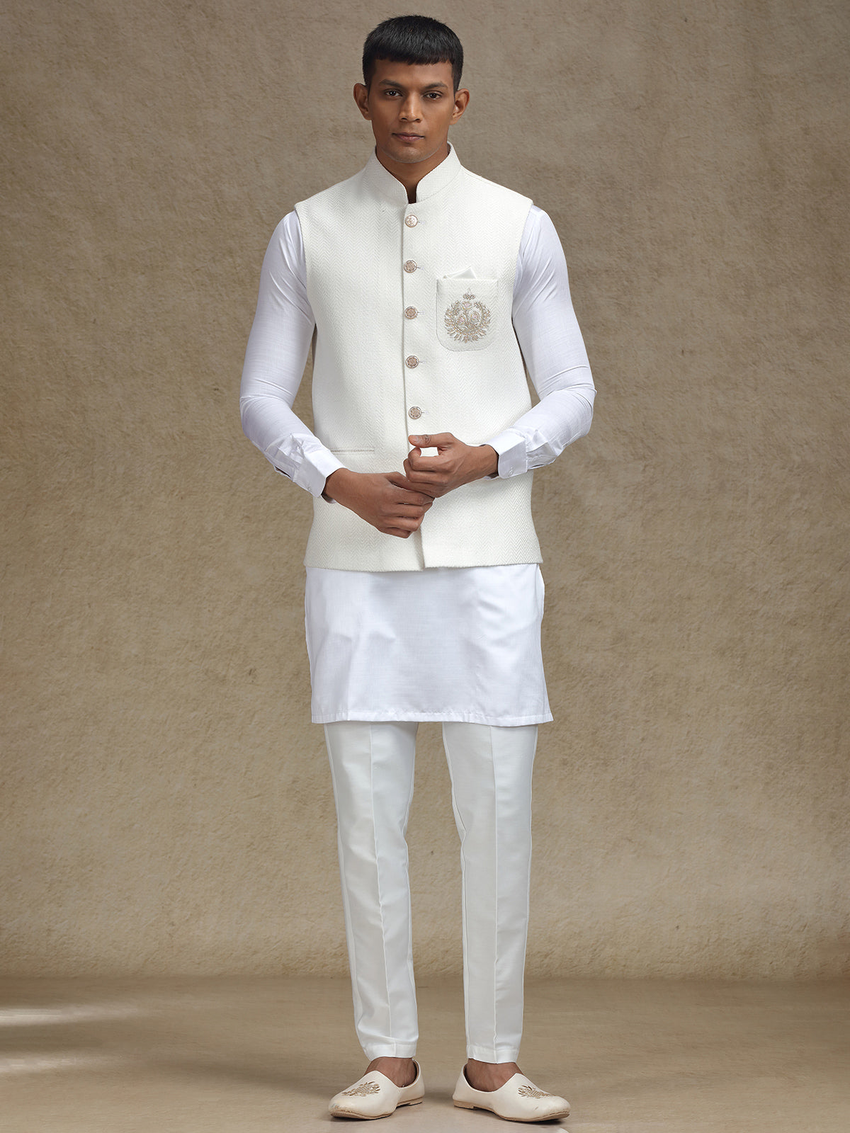 White waistcoat set with intricate work for mens wear