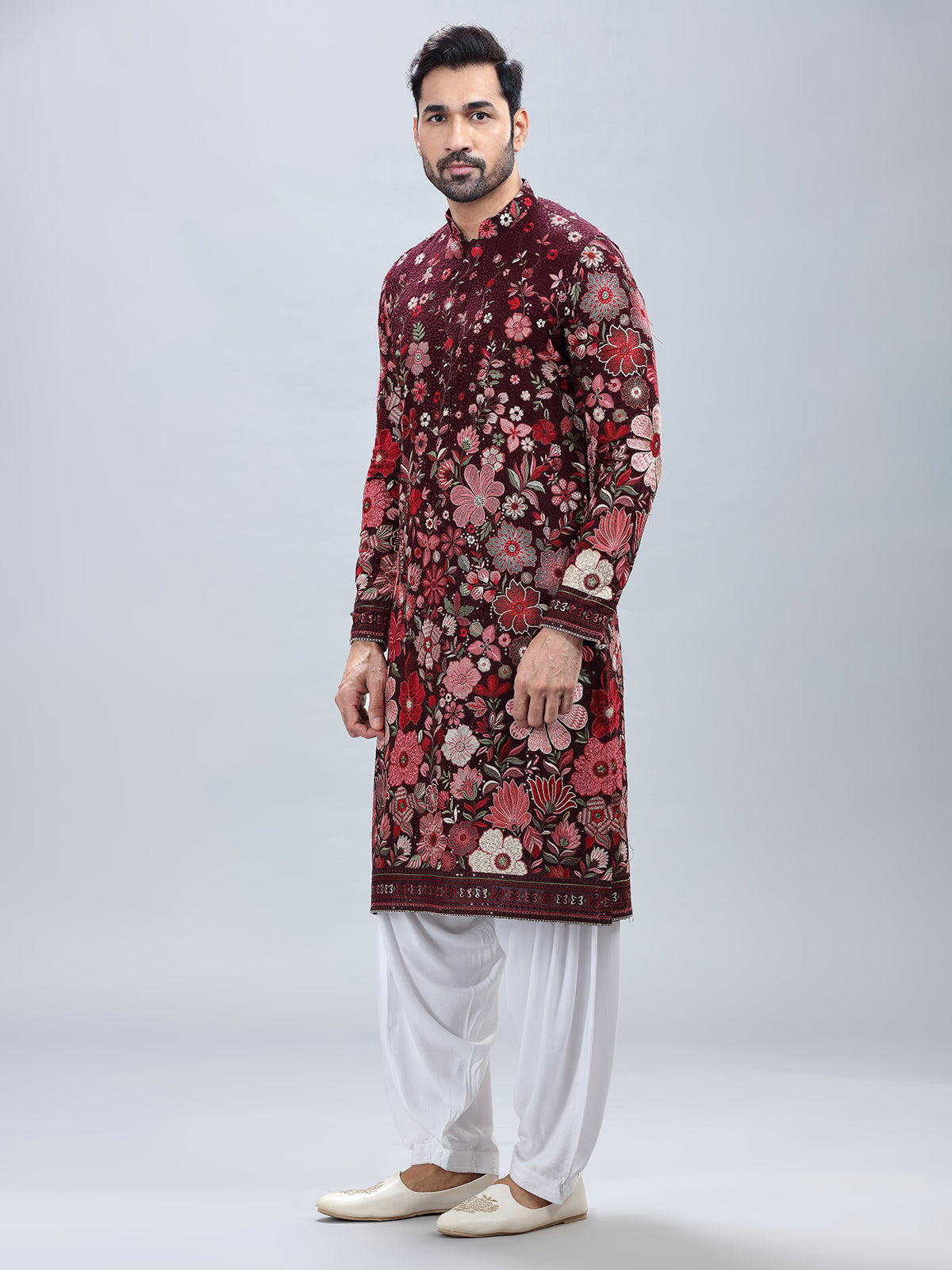 Wine georgette kurta set with multicolor embroidery
