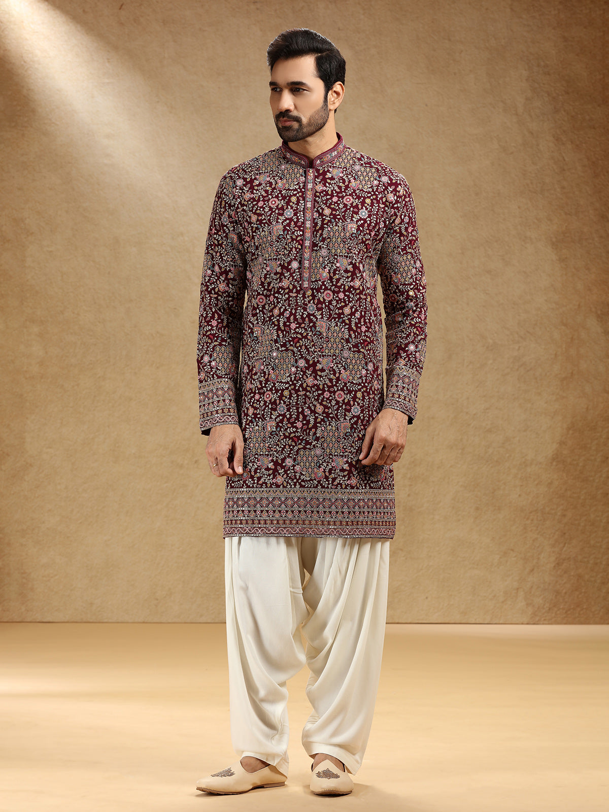 Wine georgette kurta suit for festive wear