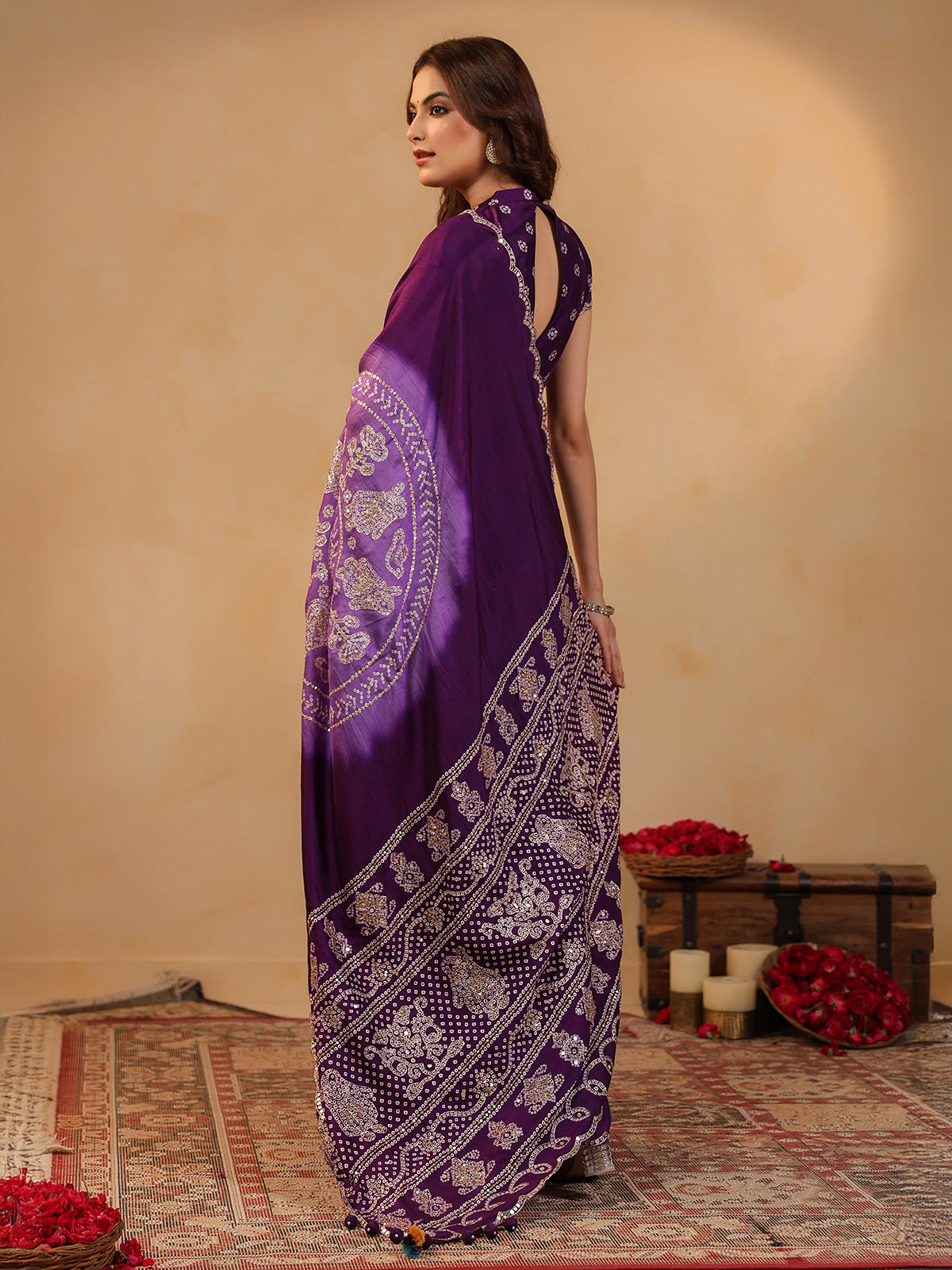 Wine printed silk saree for celebrations