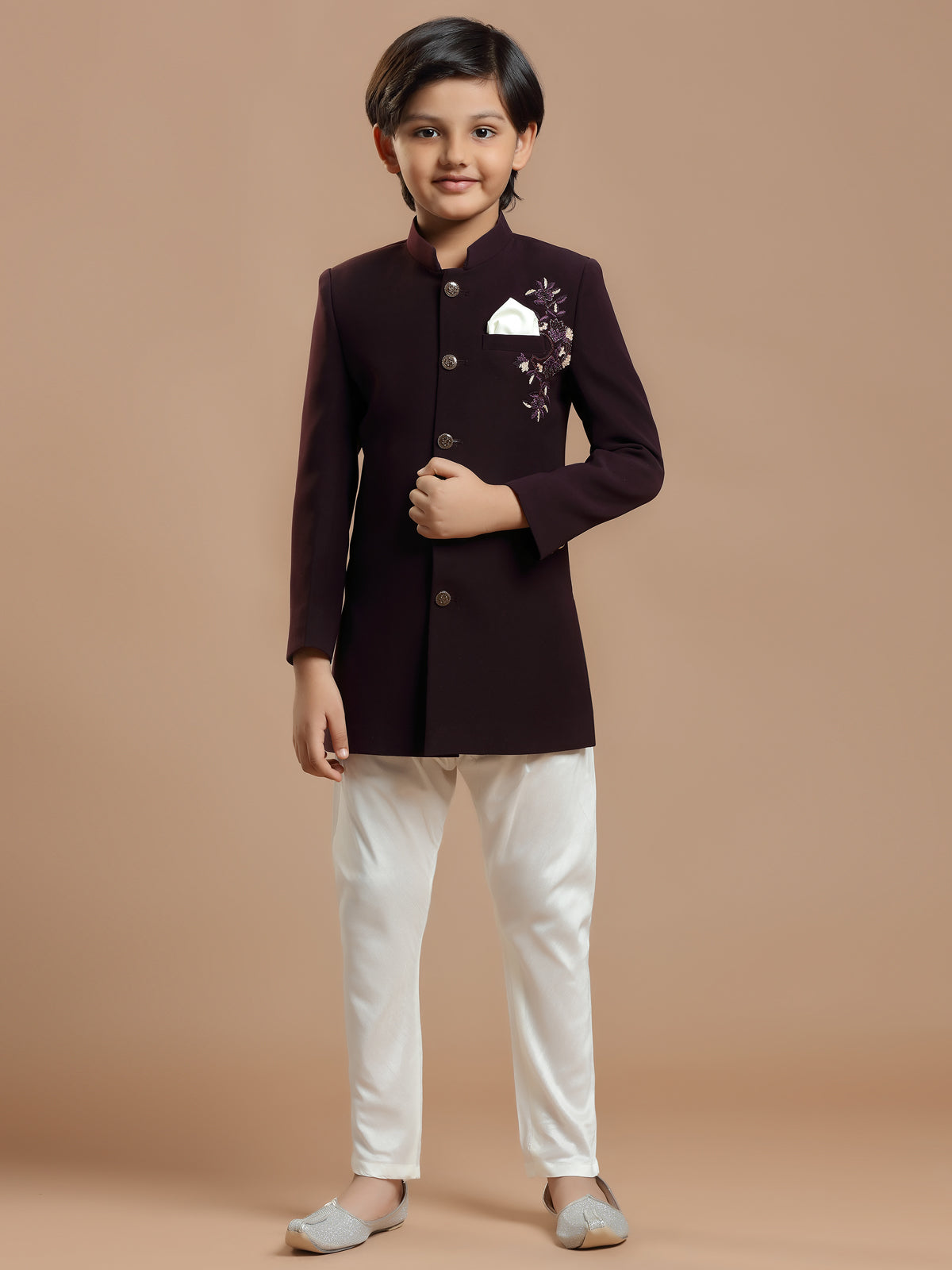 Wine hue festive wear indowestern for boys