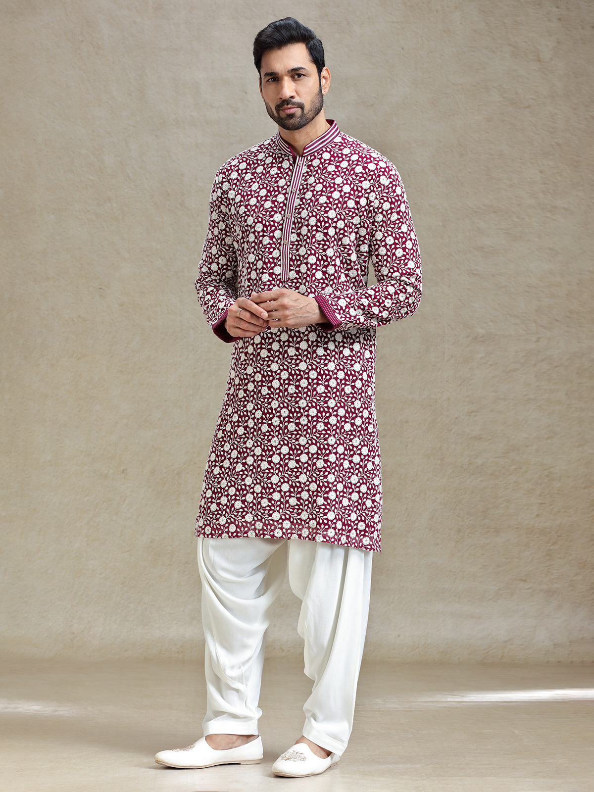 Wine shades kurta set for festive charm