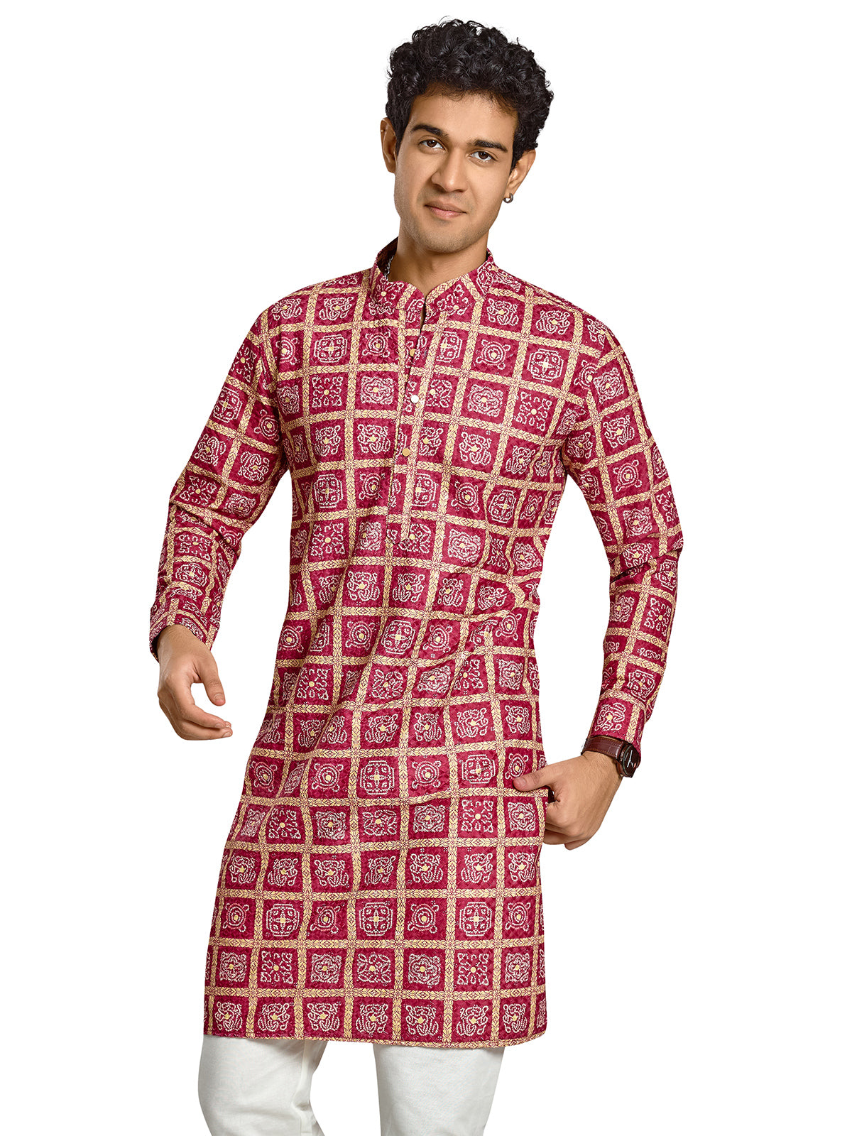 Wine silk printed kurta for festive celebrations