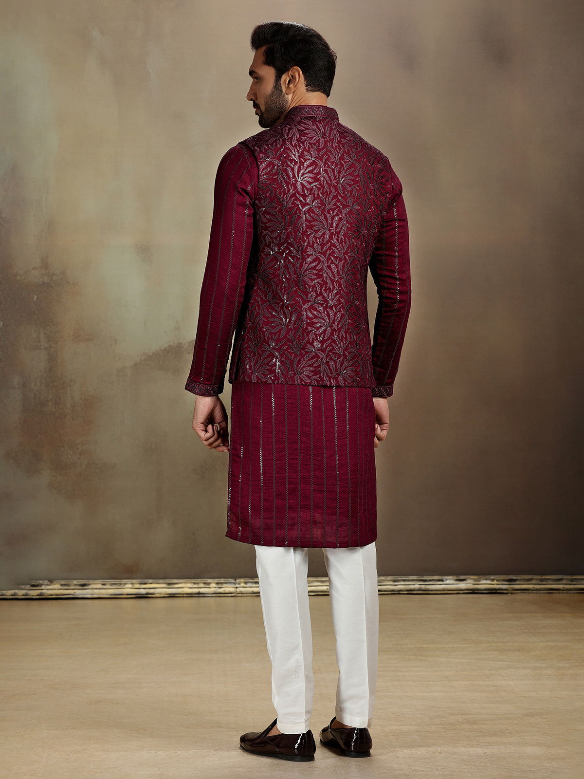 Wine silk sequin waistcoat set for men