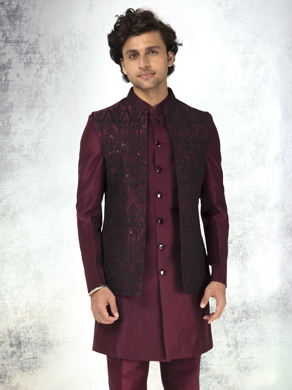 Wine silk waistcoat set for reception wear
