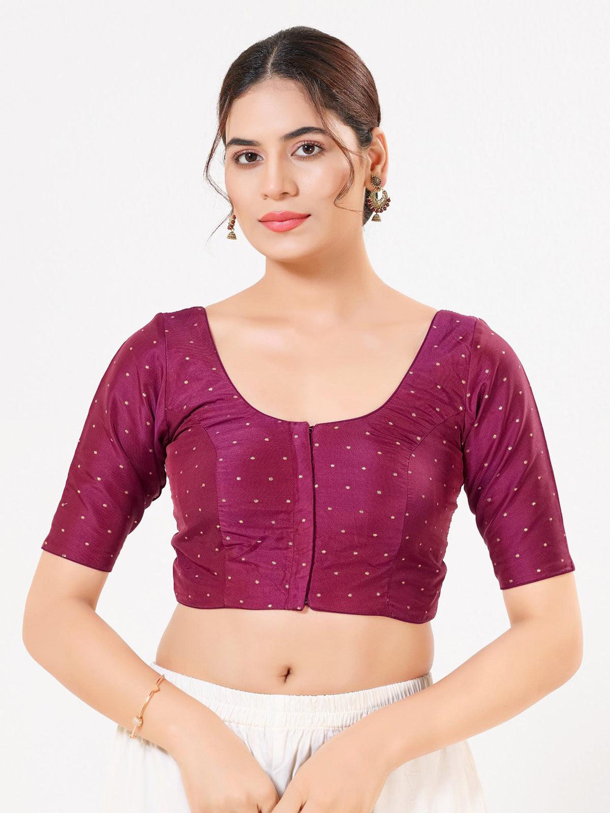 Wine tafeta silk zari front open blouse