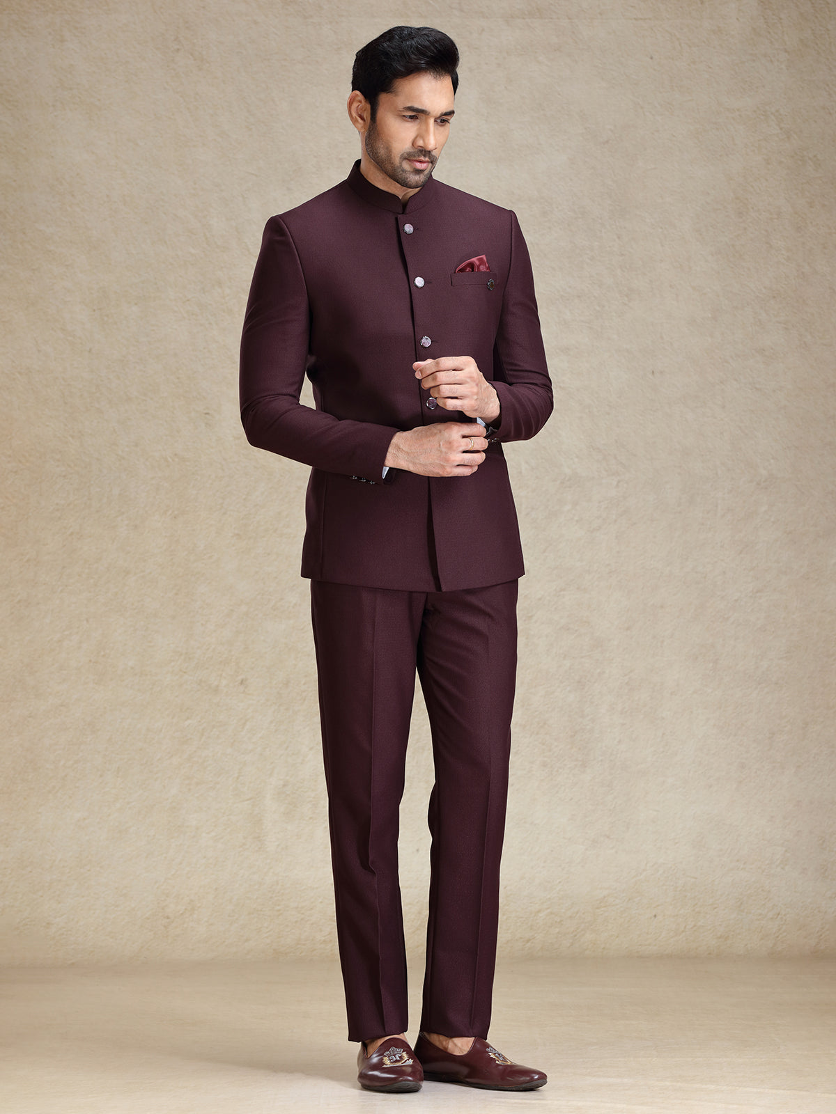 Wine terry rayon bandh gala jodhpuri suit